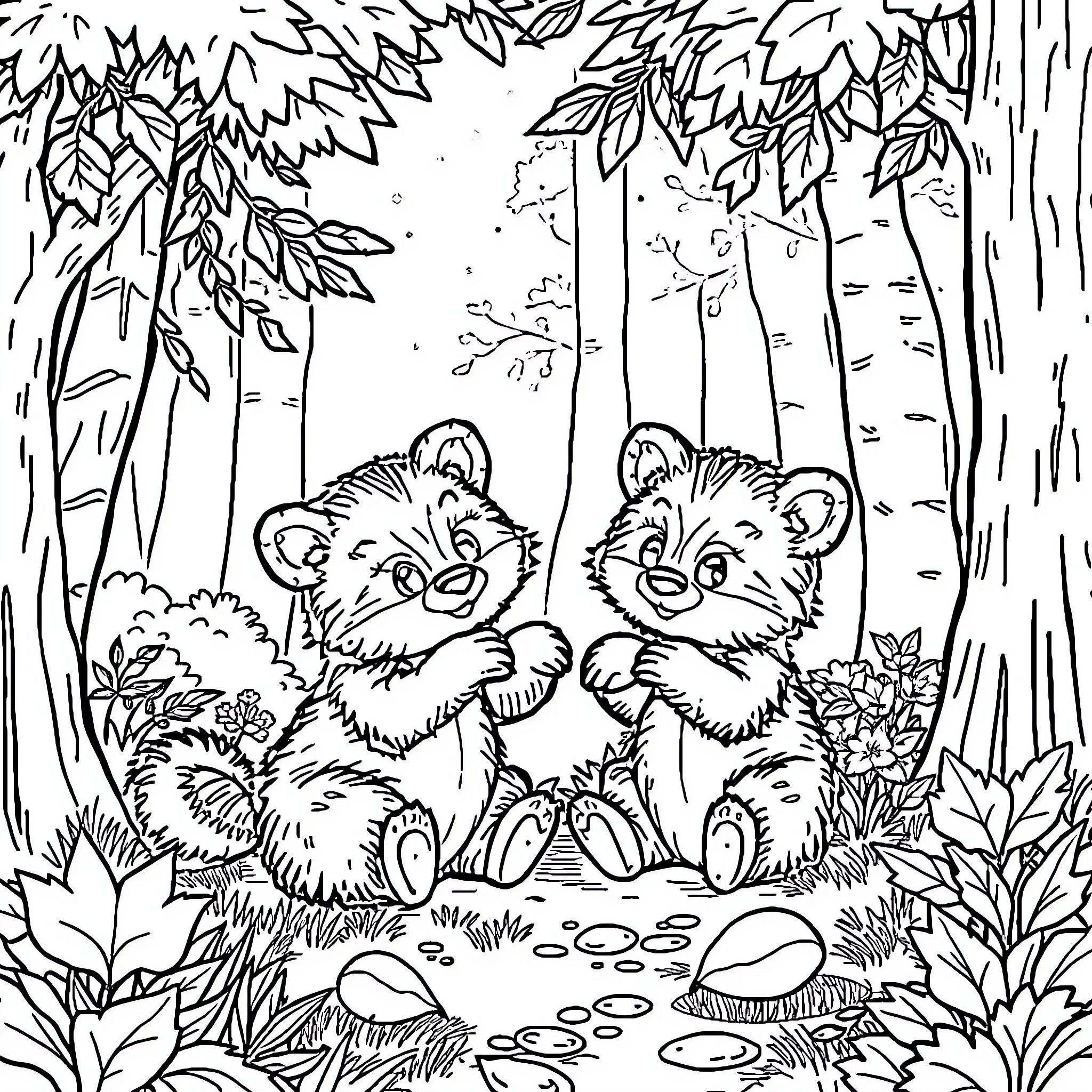 Bear cubs playing together in the forest Coloring Page (free black-and-white line drawing printable PDF for all, from beginners to advanced learners, including children, teens, adults, and seniors)