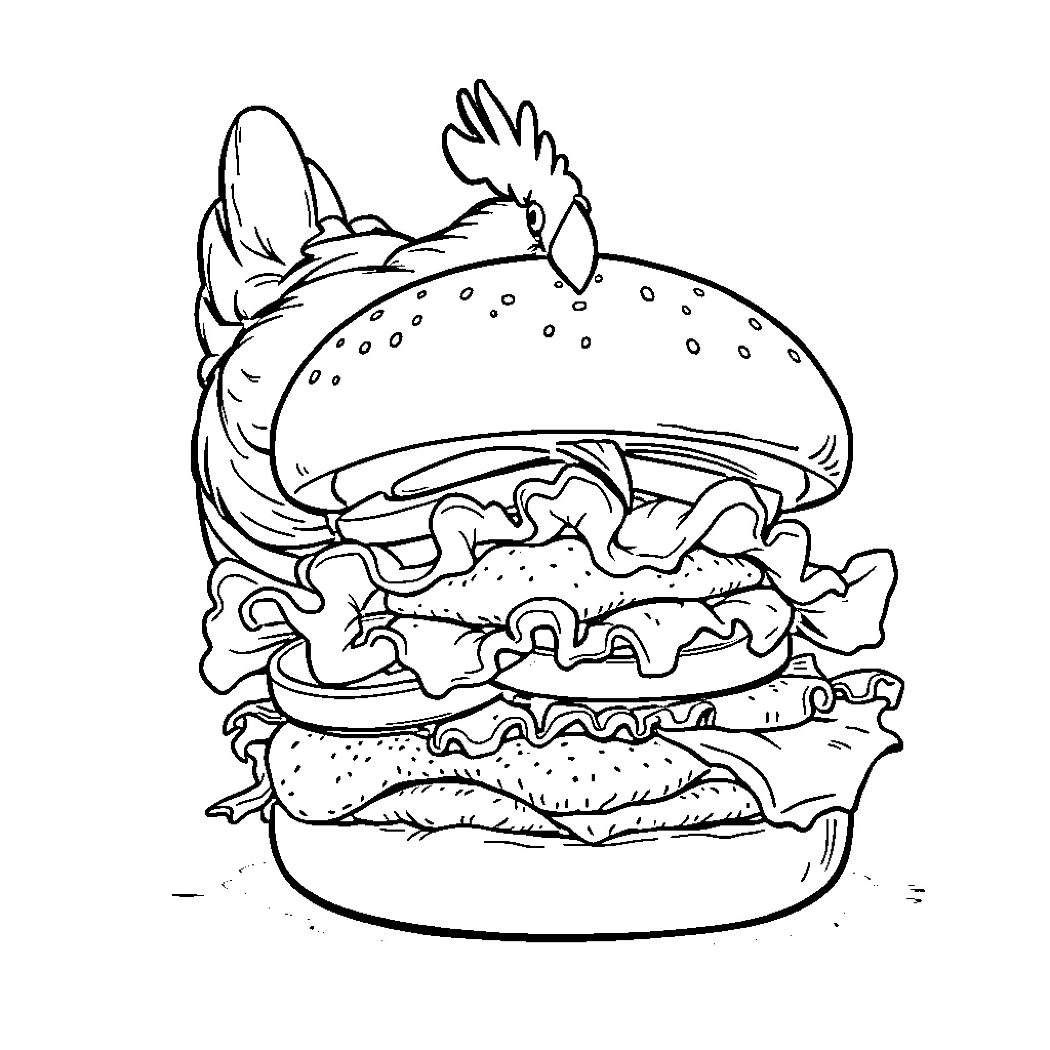 Chicken Burger with Tasty Toppings Coloring Page (free black-and-white line drawing printable PDF for all, from beginners to advanced learners, including children, teens, adults, and seniors)