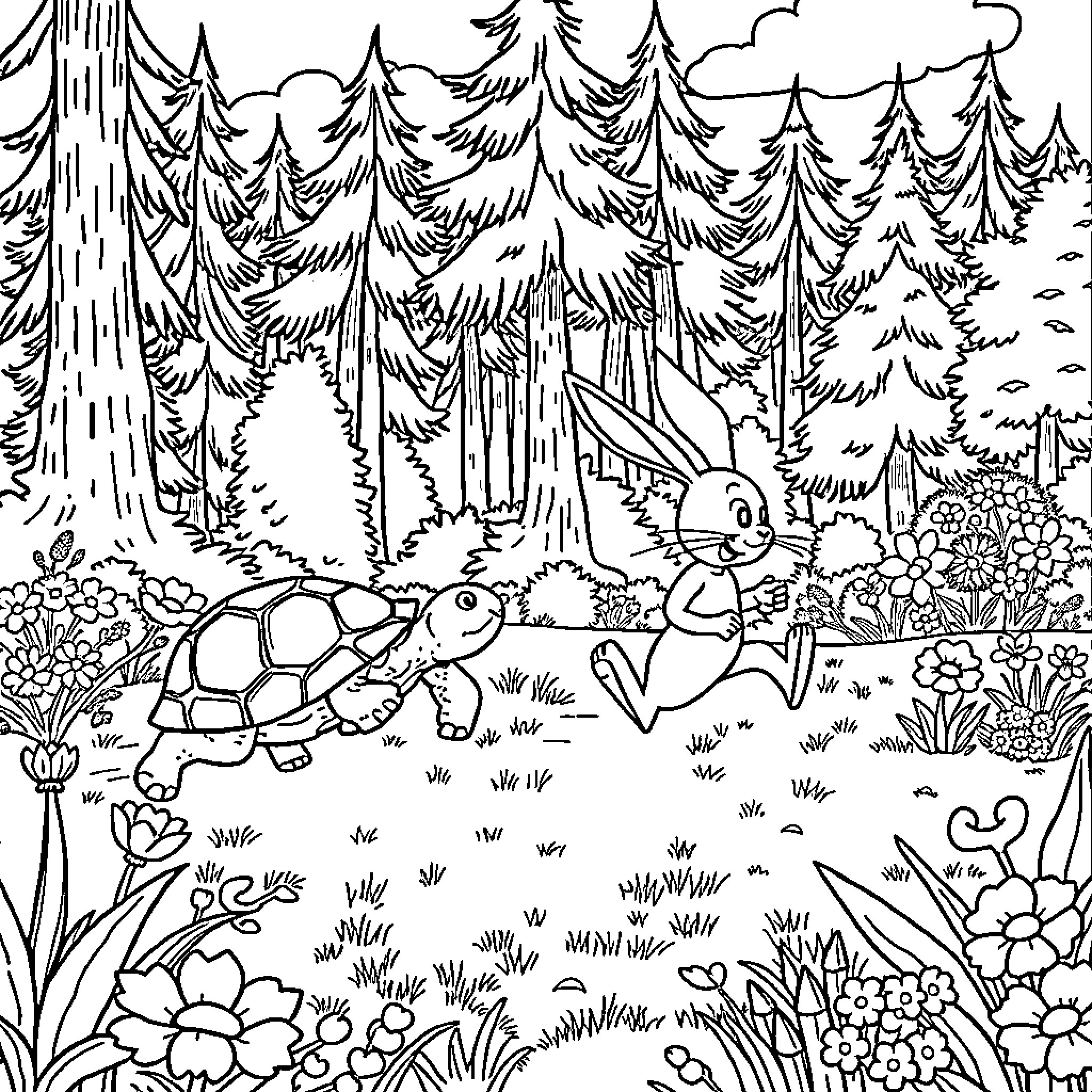 Turtle exploring the enchanted forest Coloring Page (free black-and-white line drawing printable PDF for all, from beginners to advanced learners, including children, teens, adults, and seniors)