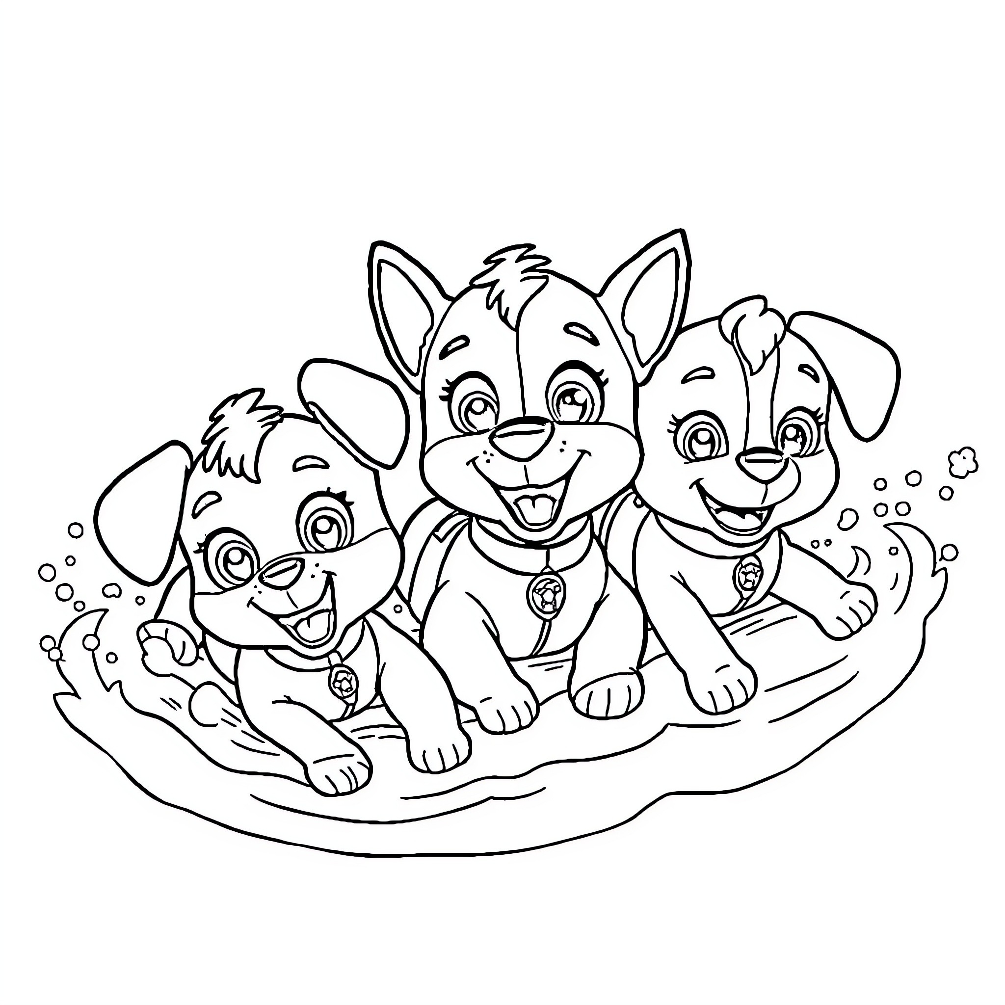 Pup Friends Playing and Splashing in Bubble Bath Coloring Page (free black-and-white line drawing printable PDF for all, from beginners to advanced learners, including children, teens, adults, and seniors)