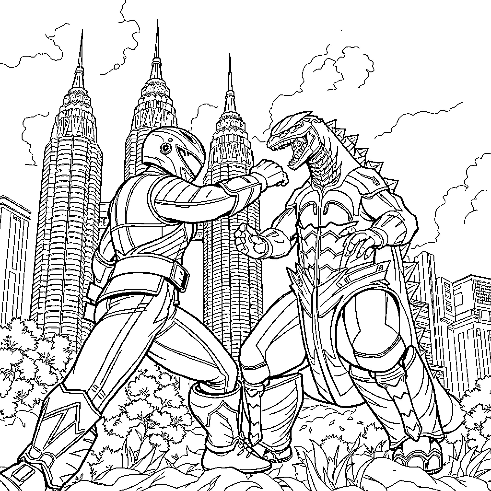Power Ranger Heroic Clash in Futuristic City Coloring Page (free black-and-white line drawing printable PDF for all, from beginners to advanced learners, including children, teens, adults, and seniors)