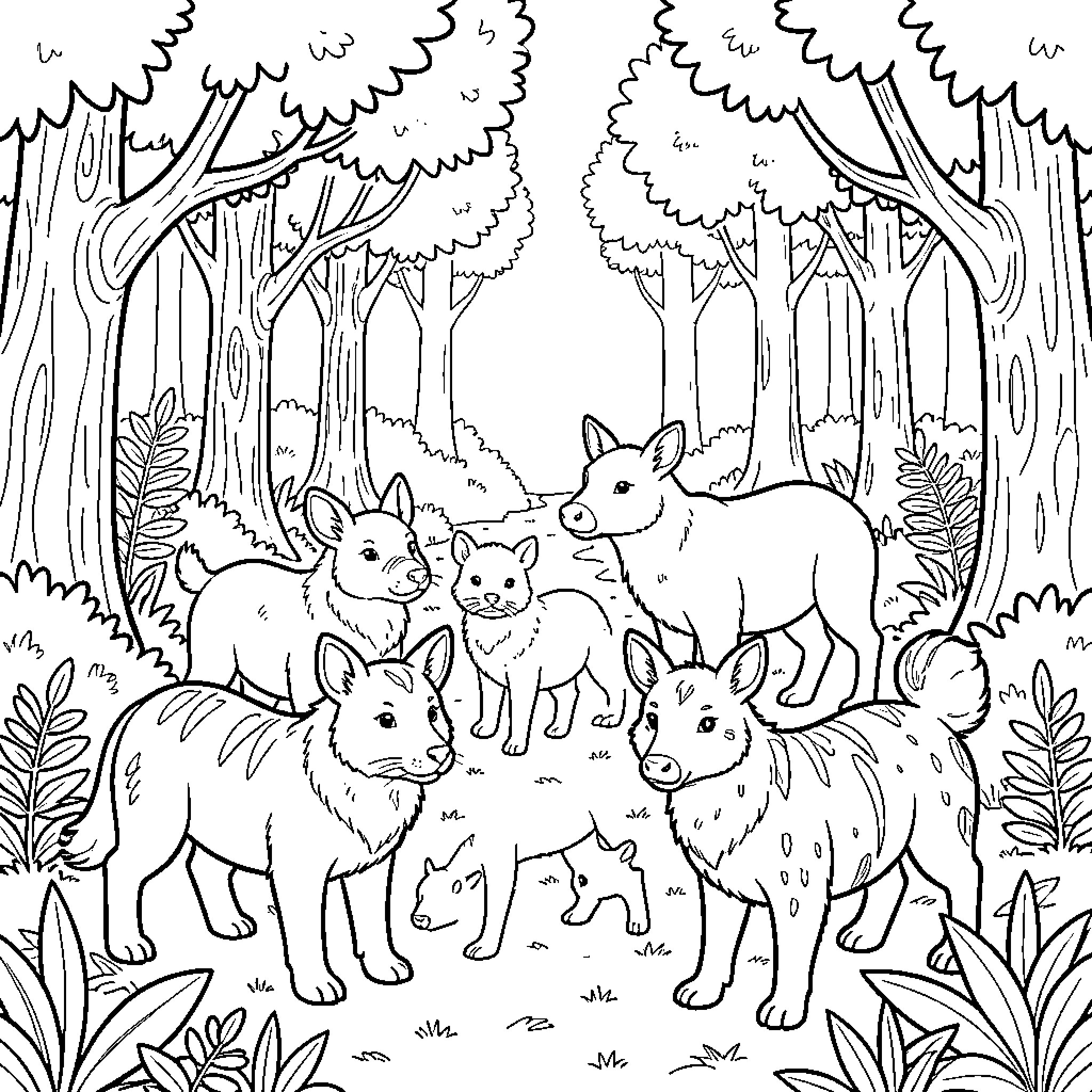 Animal group gathering in a lush forest scene Coloring Page (free black-and-white line drawing printable PDF for all, from beginners to advanced learners, including children, teens, adults, and seniors)
