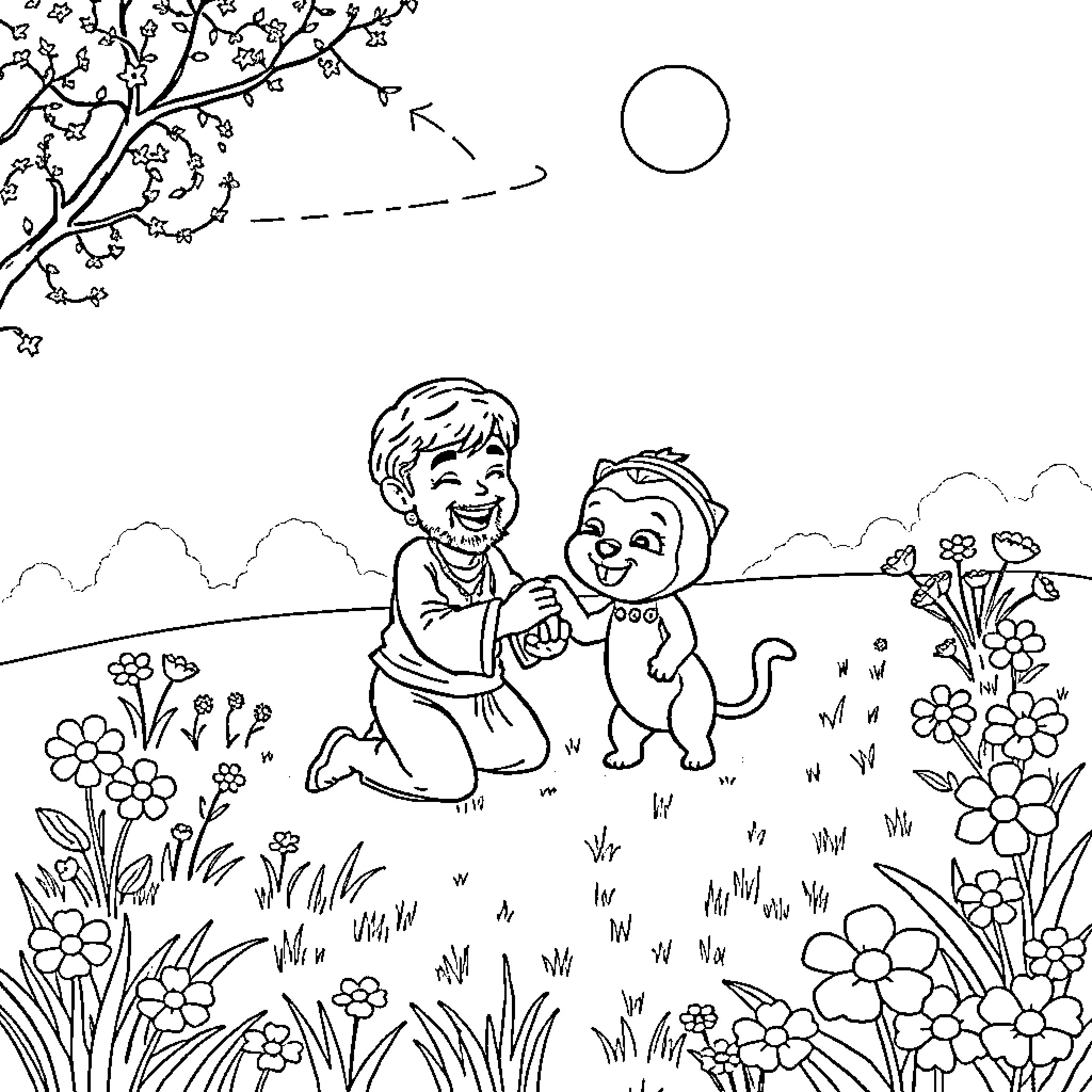 Rumi playing with a furry companion in a vibrant meadow Coloring Page (free black-and-white line drawing printable PDF for all, from beginners to advanced learners, including children, teens, adults, and seniors)