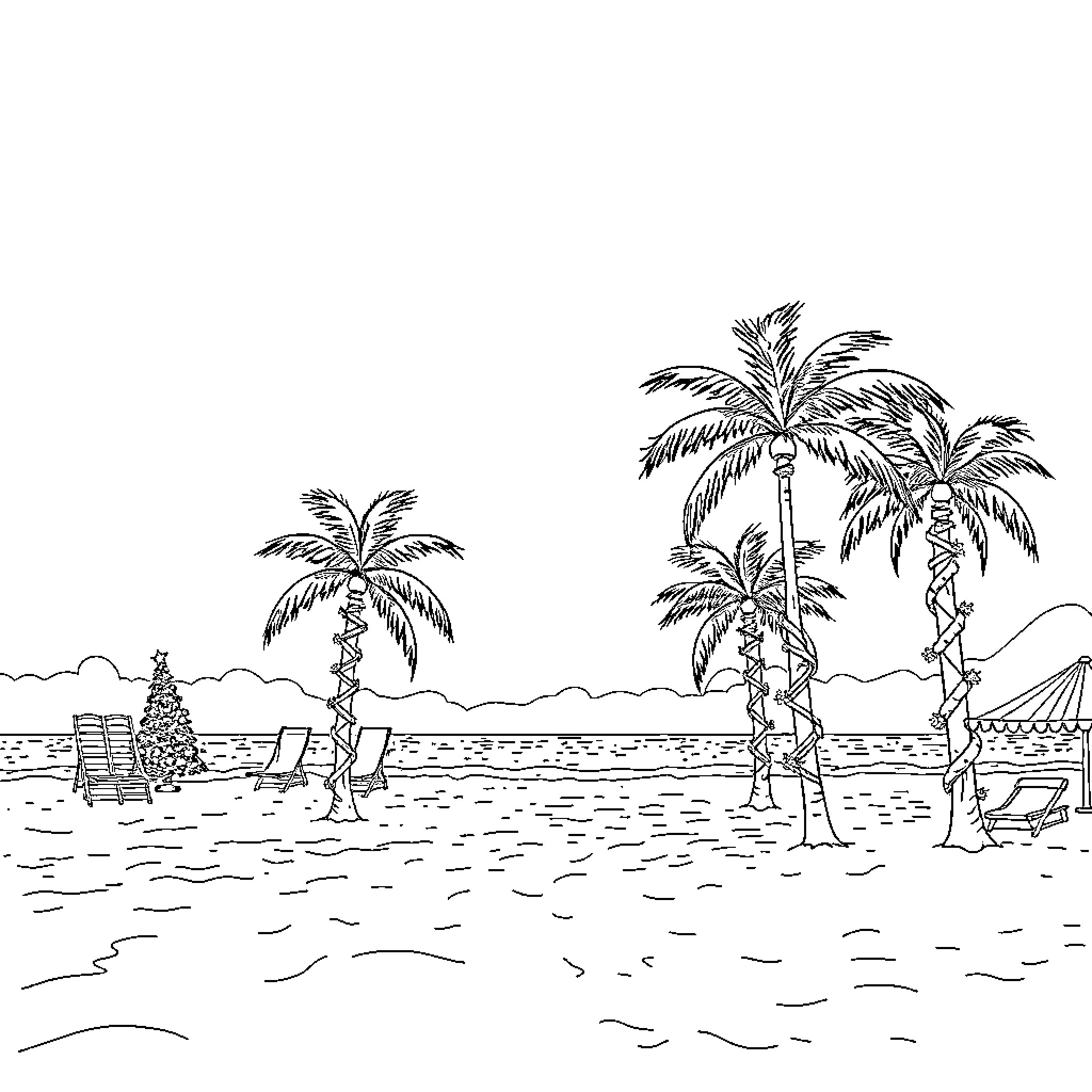 Christmas beach scene with palm trees and beach chairs Coloring Page (free black-and-white line drawing printable PDF for all, from beginners to advanced learners, including children, teens, adults, and seniors)