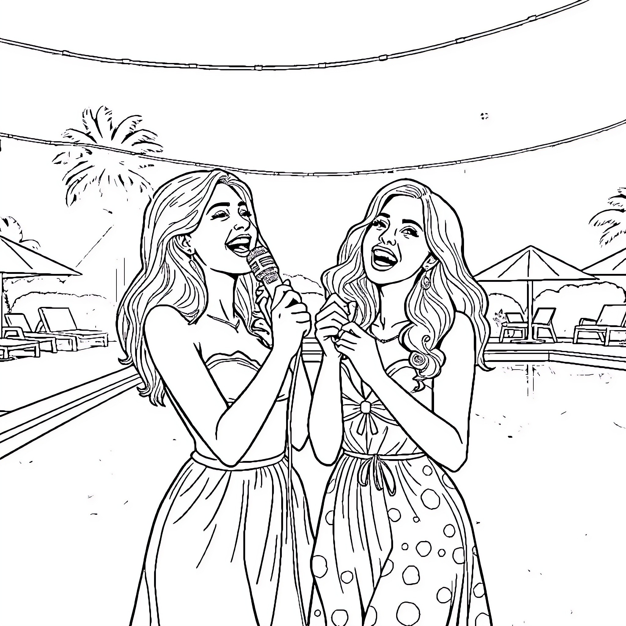 Women singing together at a beach party Coloring Page (free black-and-white line drawing printable PDF for all, from beginners to advanced learners, including children, teens, adults, and seniors)