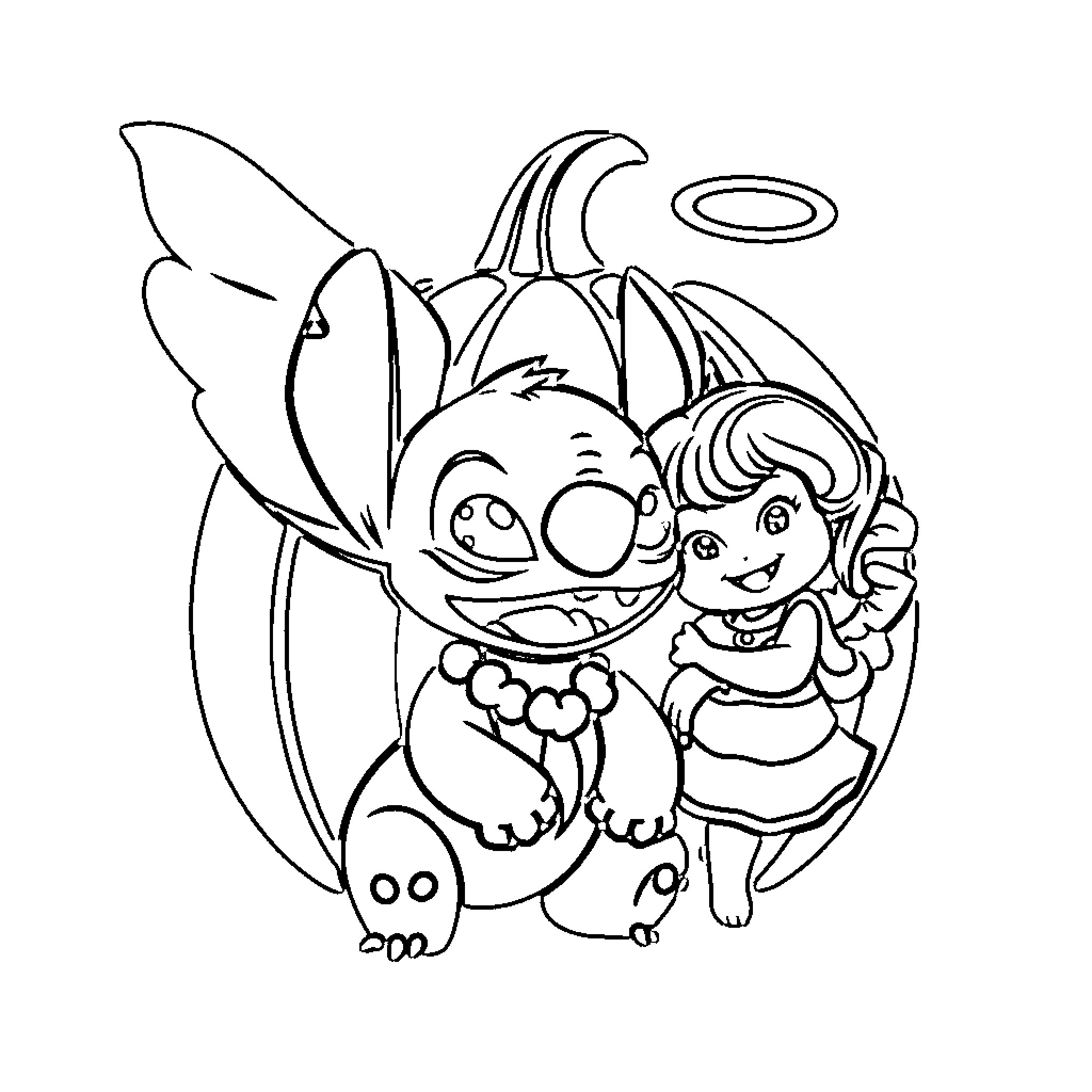 Angel Stitch and Lilo Playing Happily Coloring Page (free black-and-white line drawing printable PDF for all, from beginners to advanced learners, including children, teens, adults, and seniors)