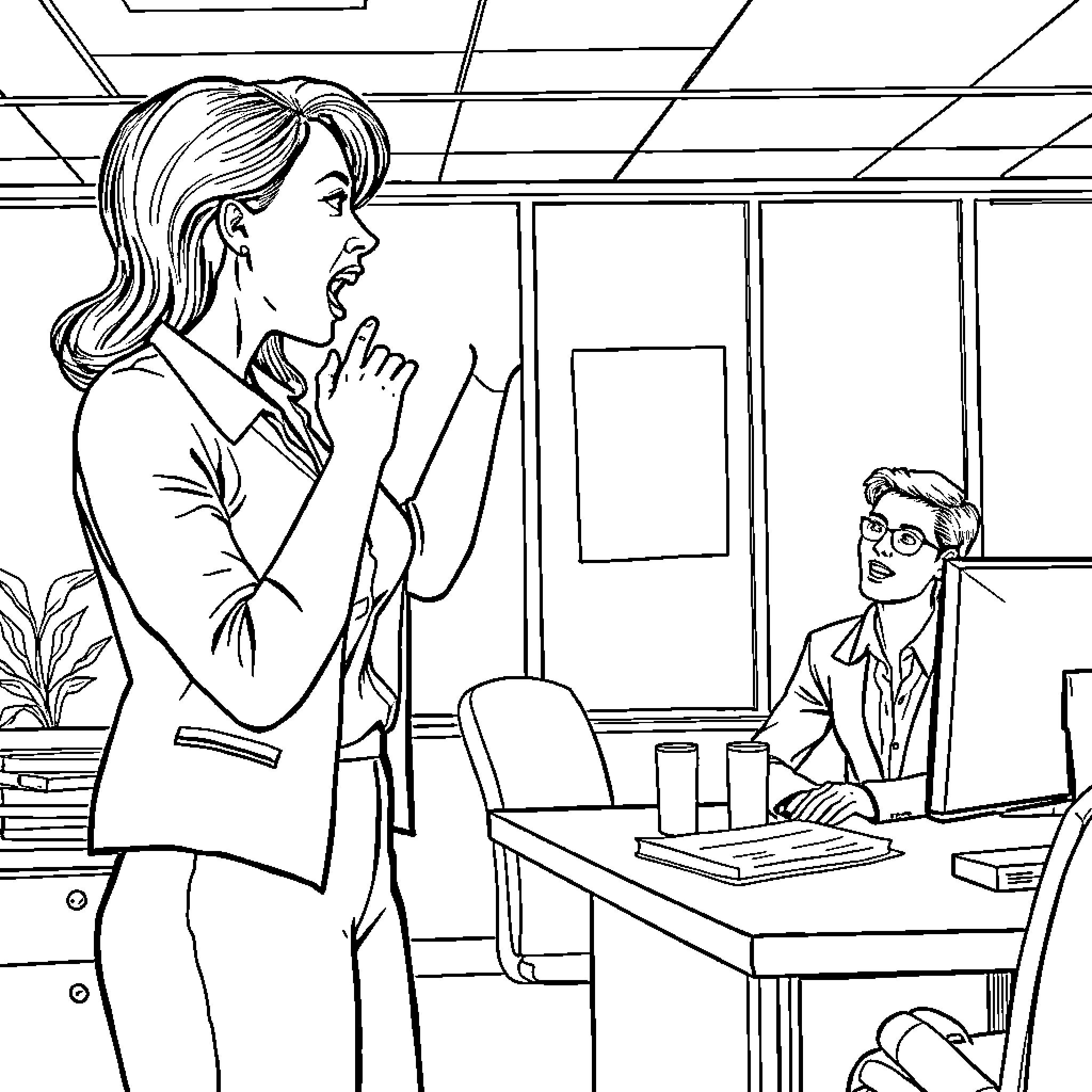 Woman engaging in heated discussion with colleague in office Coloring Page (free black-and-white line drawing printable PDF for all, from beginners to advanced learners, including children, teens, adults, and seniors)