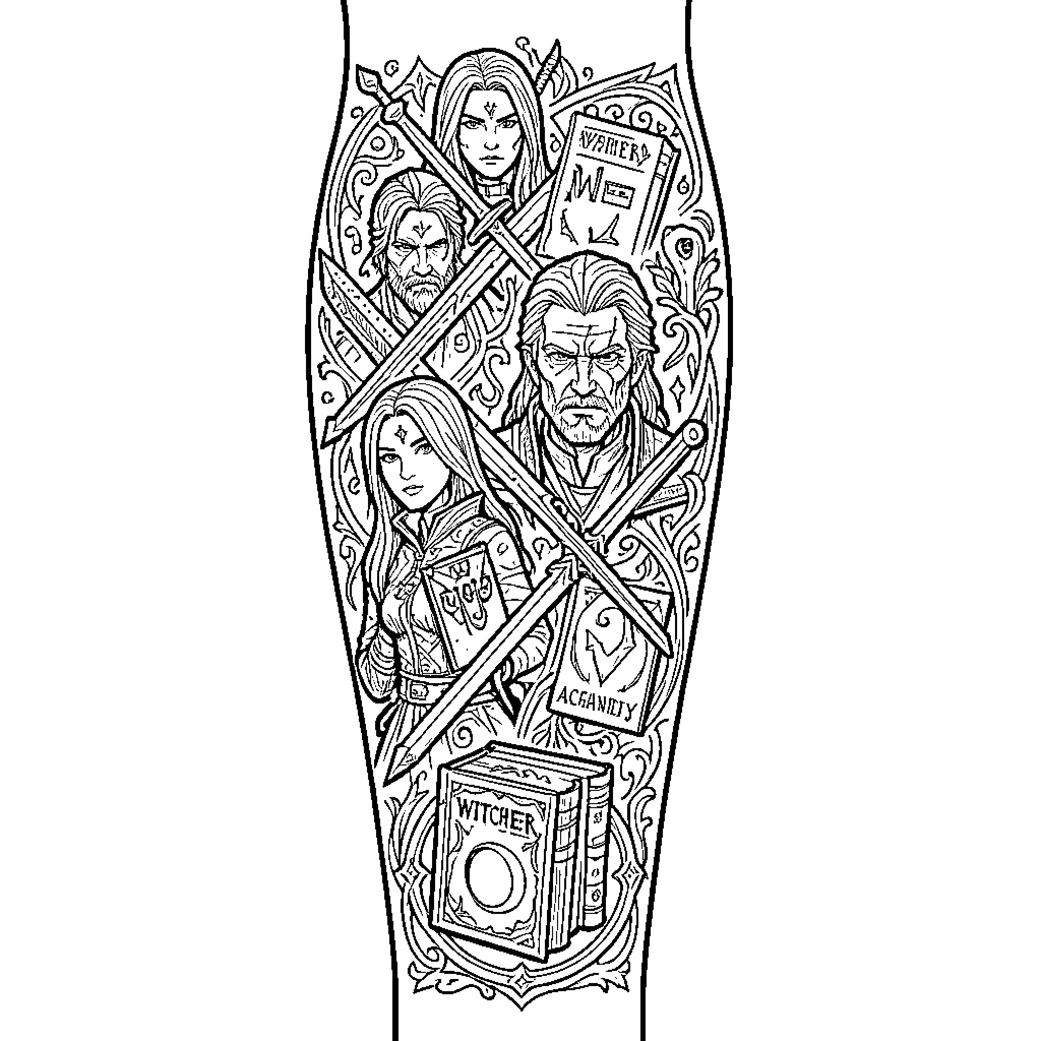 Book Symbol Depicting Fantasy Characters and Magical Elements Coloring Page (free black-and-white line drawing printable PDF for all, from beginners to advanced learners, including children, teens, adults, and seniors)