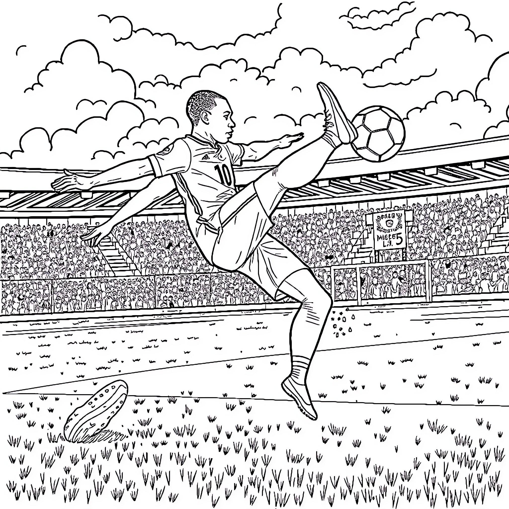 Mbappe scoring a goal at the stadium Coloring Page (free black-and-white line drawing printable PDF for all, from beginners to advanced learners, including children, teens, adults, and seniors)
