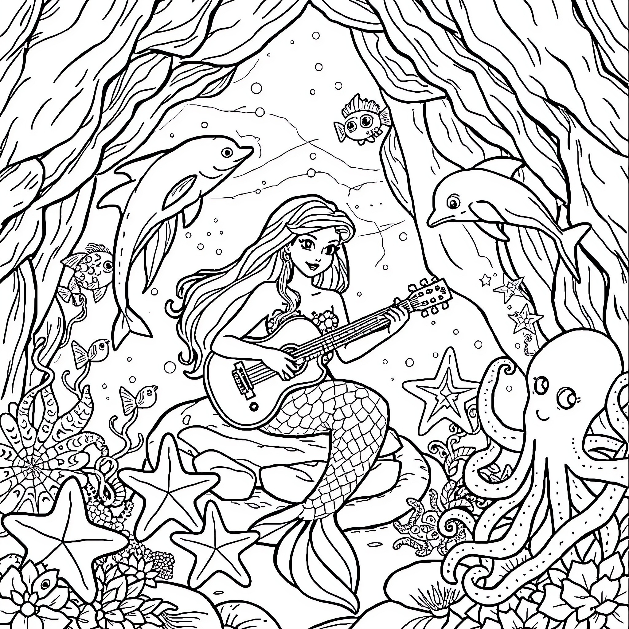 Mermaid playing guitar with friendly sea creatures Coloring Page (free black-and-white line drawing printable PDF for all, from beginners to advanced learners, including children, teens, adults, and seniors)