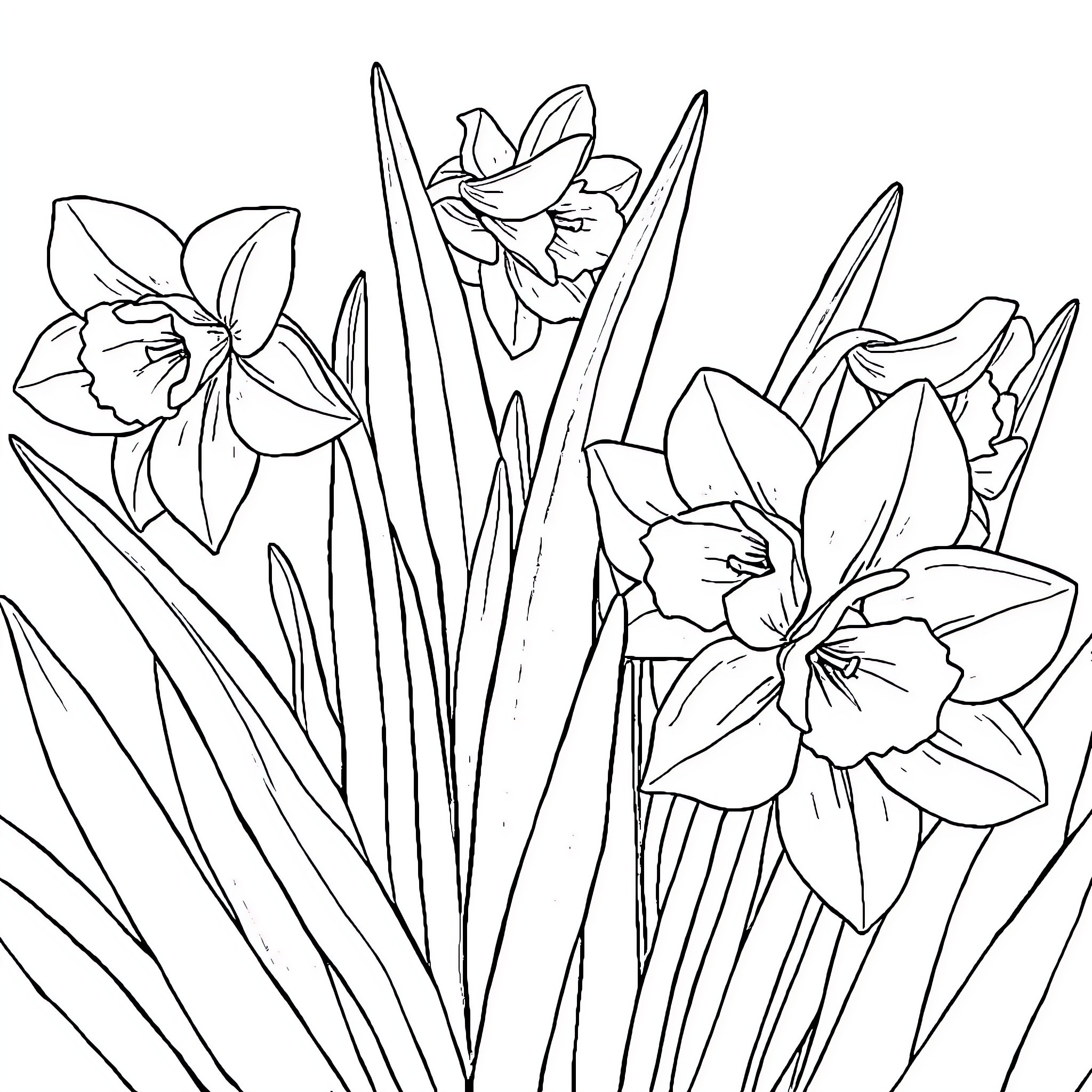 Daffodil flowers blooming in the garden Coloring Page (free black-and-white line drawing printable PDF for all, from beginners to advanced learners, including children, teens, adults, and seniors)