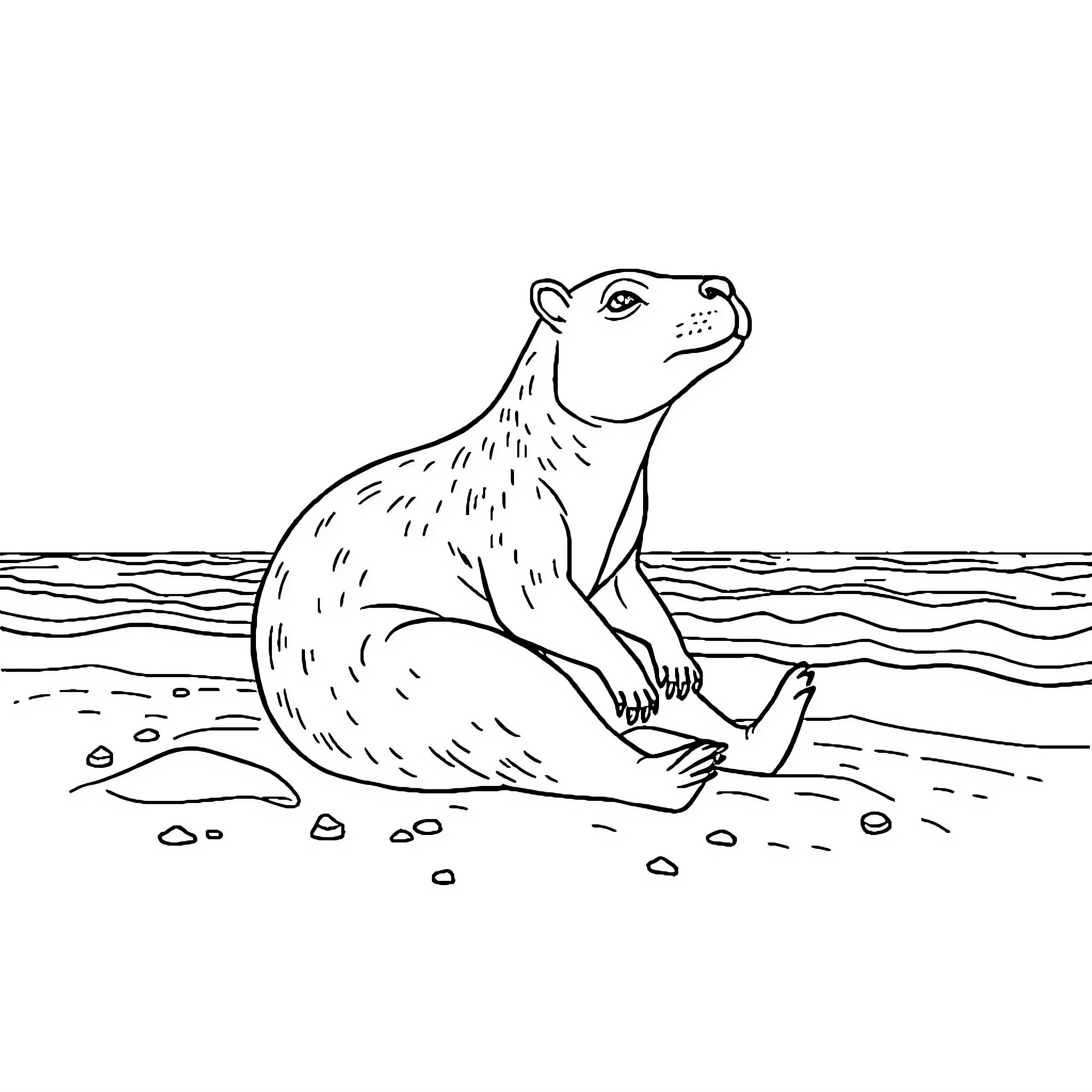 Capybara enjoying the beach scenery Coloring Page (free black-and-white line drawing printable PDF for all, from beginners to advanced learners, including children, teens, adults, and seniors)