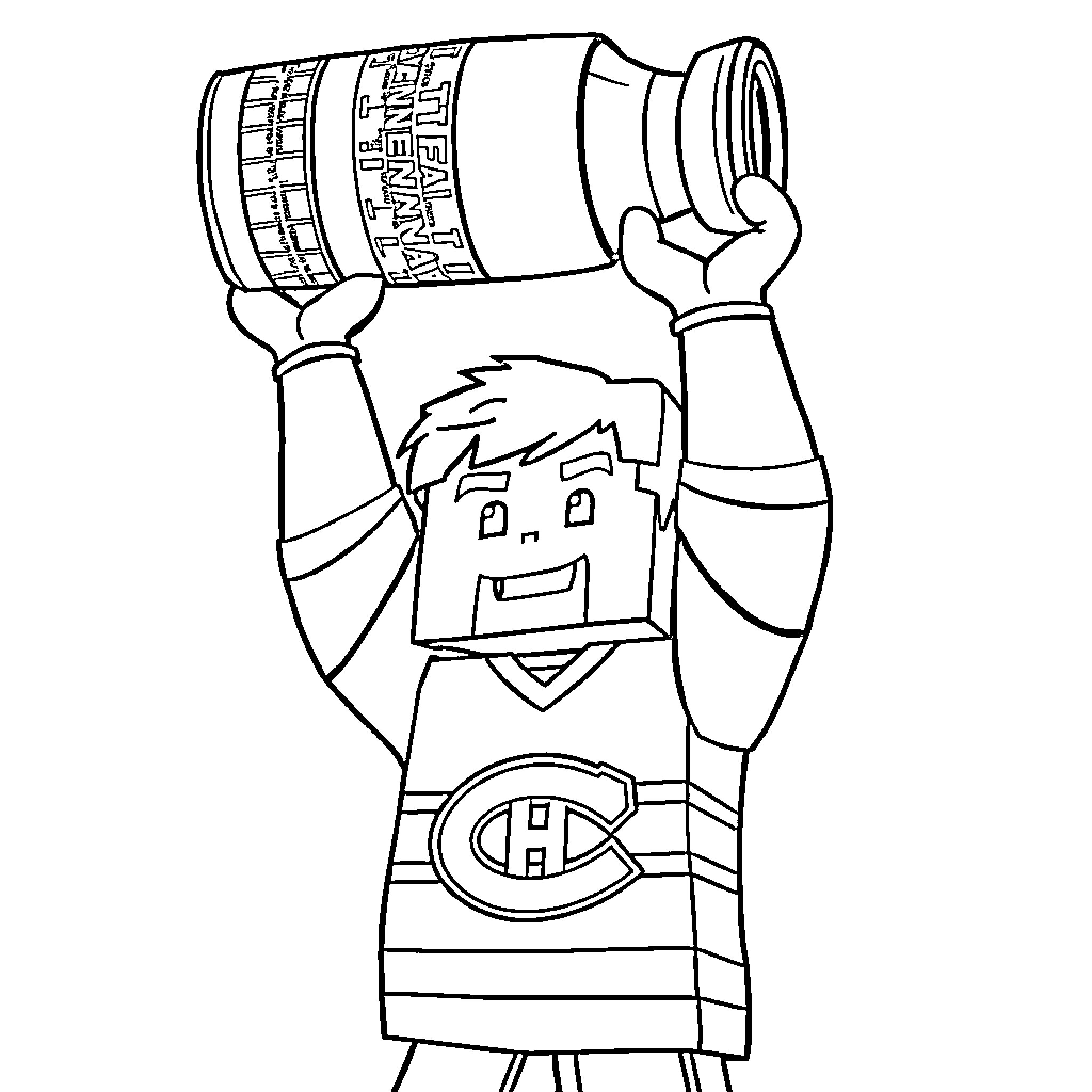 Steve Celebrating Hockey Victory with Trophy Coloring Page (free black-and-white line drawing printable PDF for all, from beginners to advanced learners, including children, teens, adults, and seniors)