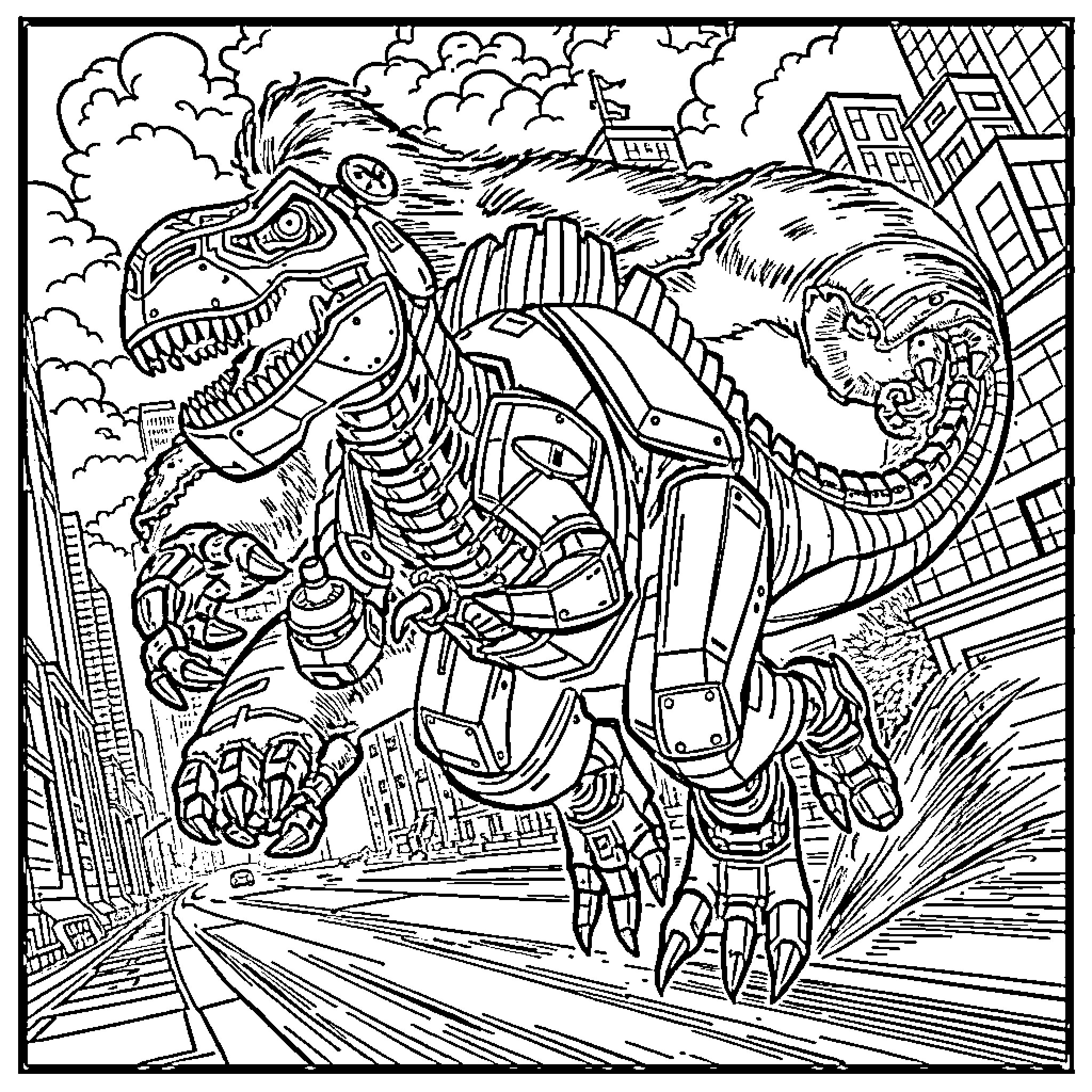 Robot Dinosaur Rampages Through the City Coloring Page (free black-and-white line drawing printable PDF for all, from beginners to advanced learners, including children, teens, adults, and seniors)