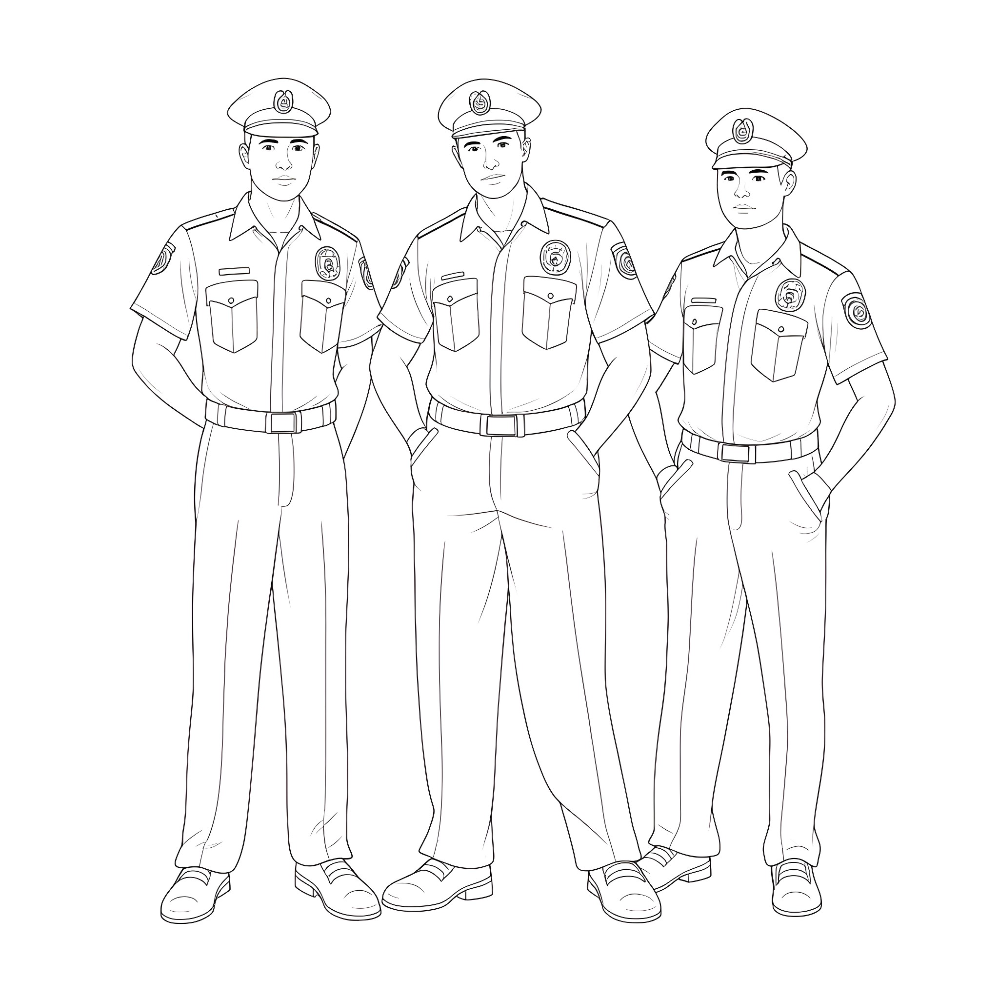 Police Officers in Uniform and Gear Coloring Page (free black-and-white line drawing printable PDF for all, from beginners to advanced learners, including children, teens, adults, and seniors)
