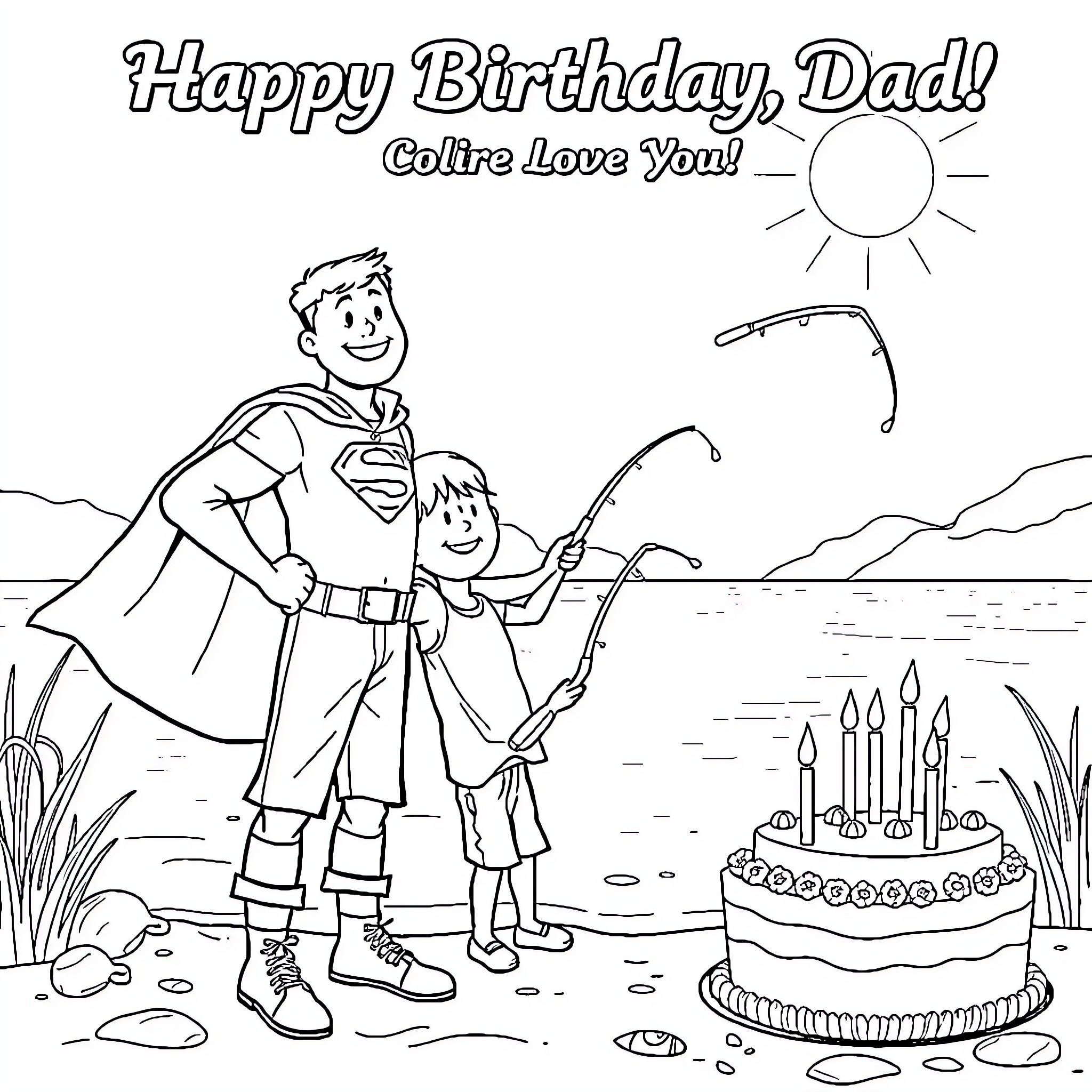Dad and child enjoying outdoor birthday celebration Coloring Page (free black-and-white line drawing printable PDF for all, from beginners to advanced learners, including children, teens, adults, and seniors)