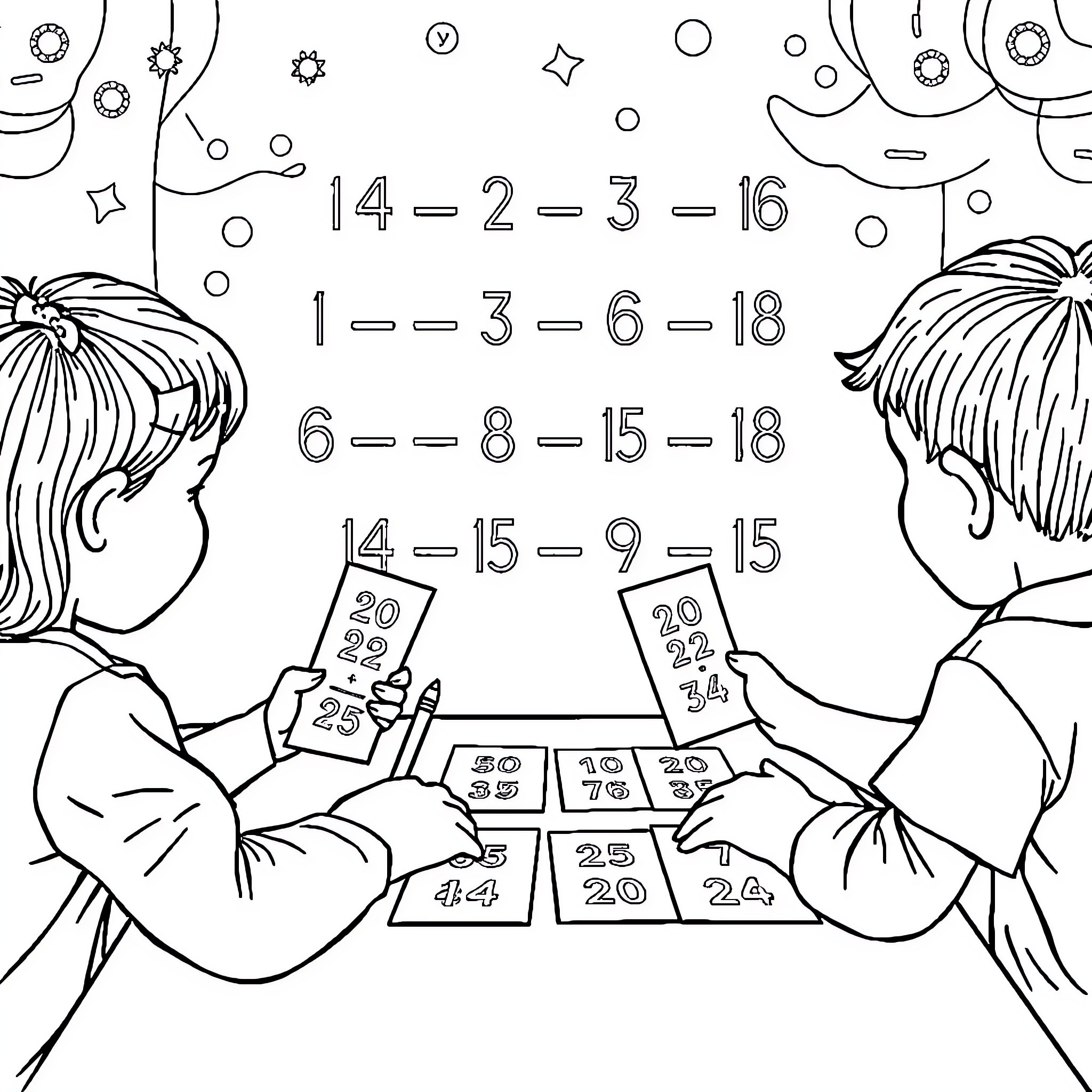 Multiplication math problem solving with children Coloring Page (free black-and-white line drawing printable PDF for all, from beginners to advanced learners, including children, teens, adults, and seniors)