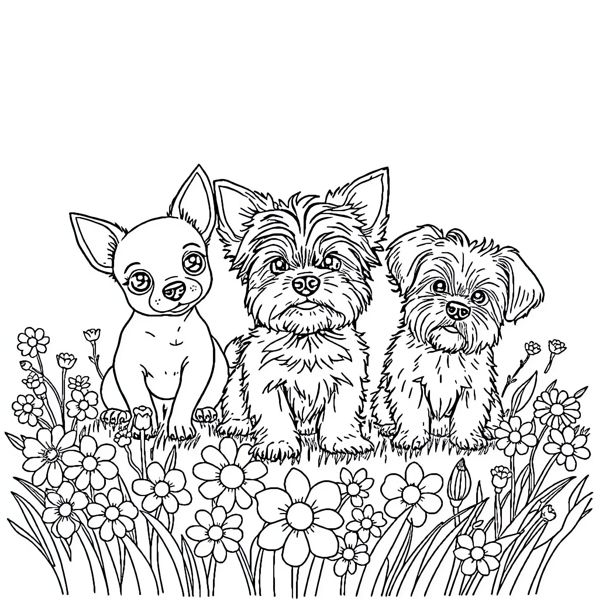 Dog friends in a flower field Coloring Page (free black-and-white line drawing printable PDF for all, from beginners to advanced learners, including children, teens, adults, and seniors)