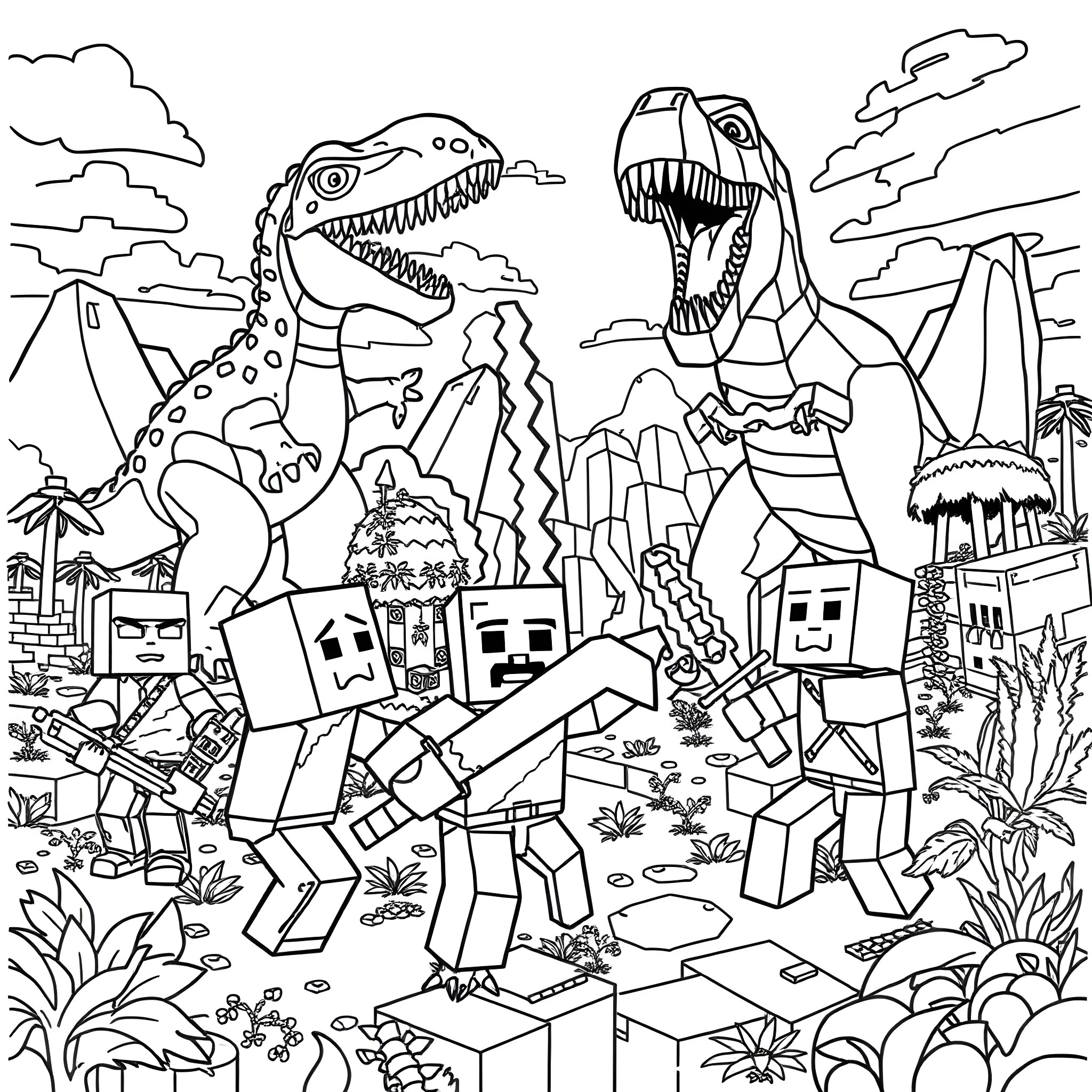 Minecraft dinosaurs and villagers exploring the prehistoric landscape Coloring Page (free black-and-white line drawing printable PDF for all, from beginners to advanced learners, including children, teens, adults, and seniors)
