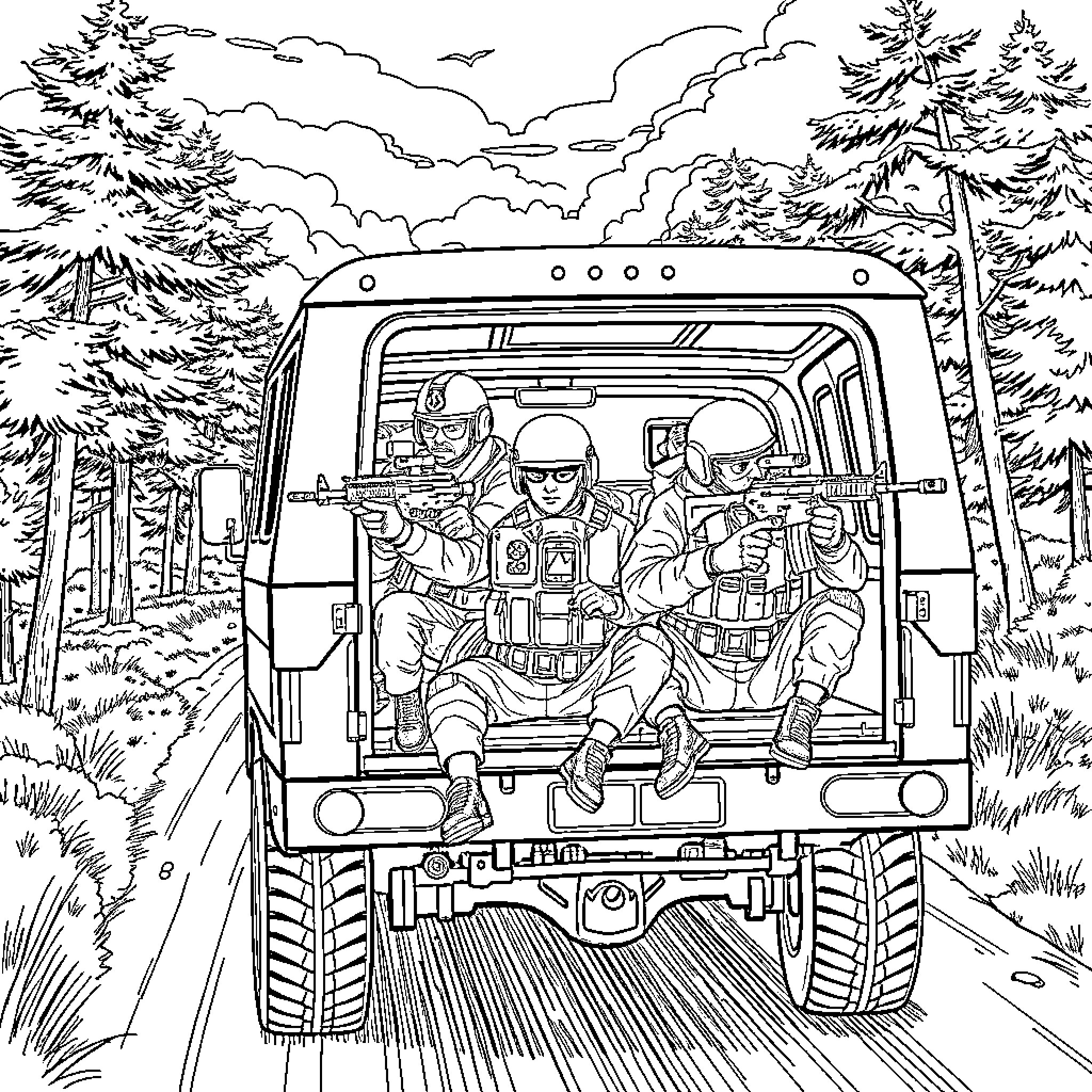 Military Special Forces Soldiers in Action Coloring Page (free black-and-white line drawing printable PDF for all, from beginners to advanced learners, including children, teens, adults, and seniors)
