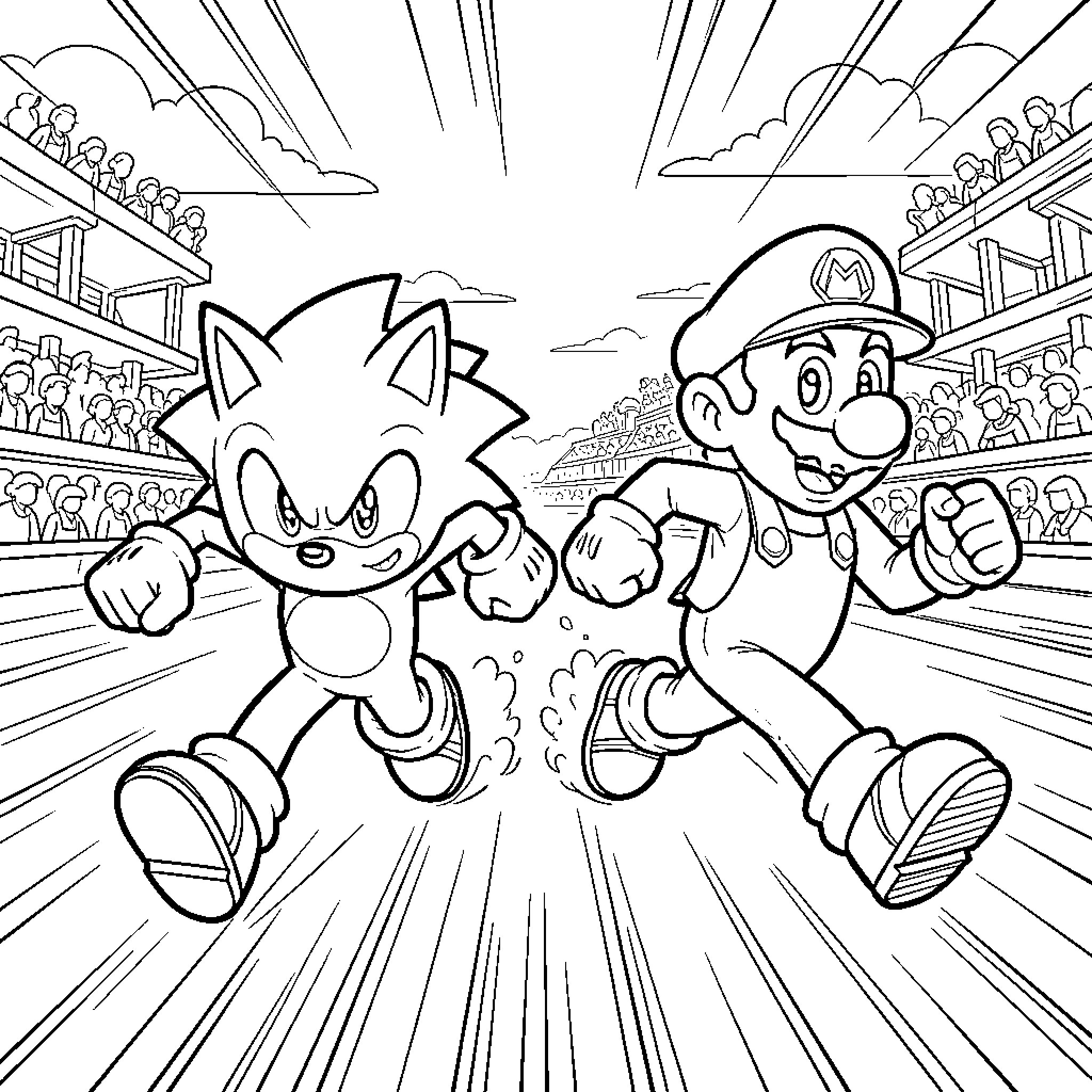 Sonic and Mario racing intensely through a stadium Coloring Page (free black-and-white line drawing printable PDF for all, from beginners to advanced learners, including children, teens, adults, and seniors)