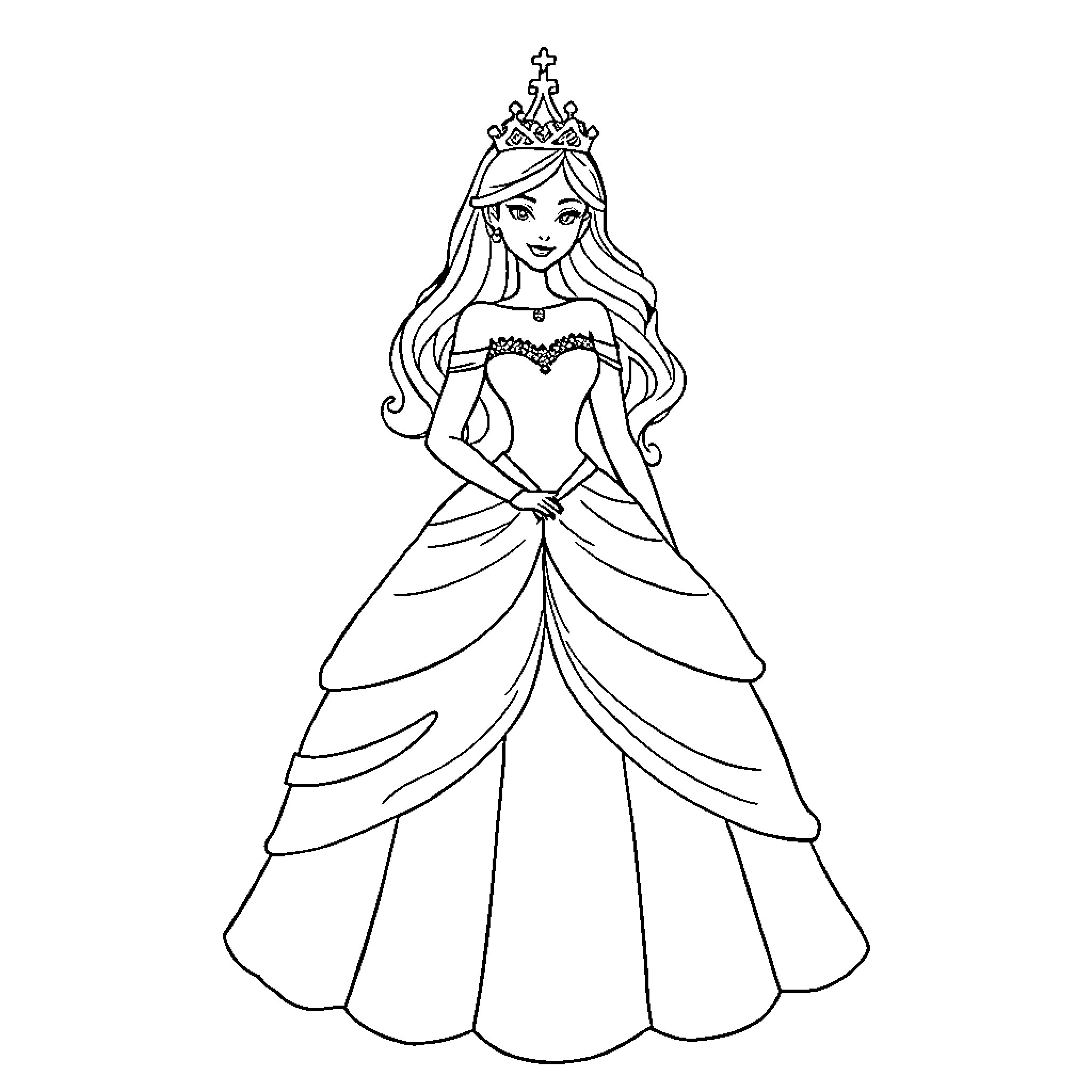 Princess in Elegant Gown and Crown Coloring Page (free black-and-white line drawing printable PDF for all, from beginners to advanced learners, including children, teens, adults, and seniors)