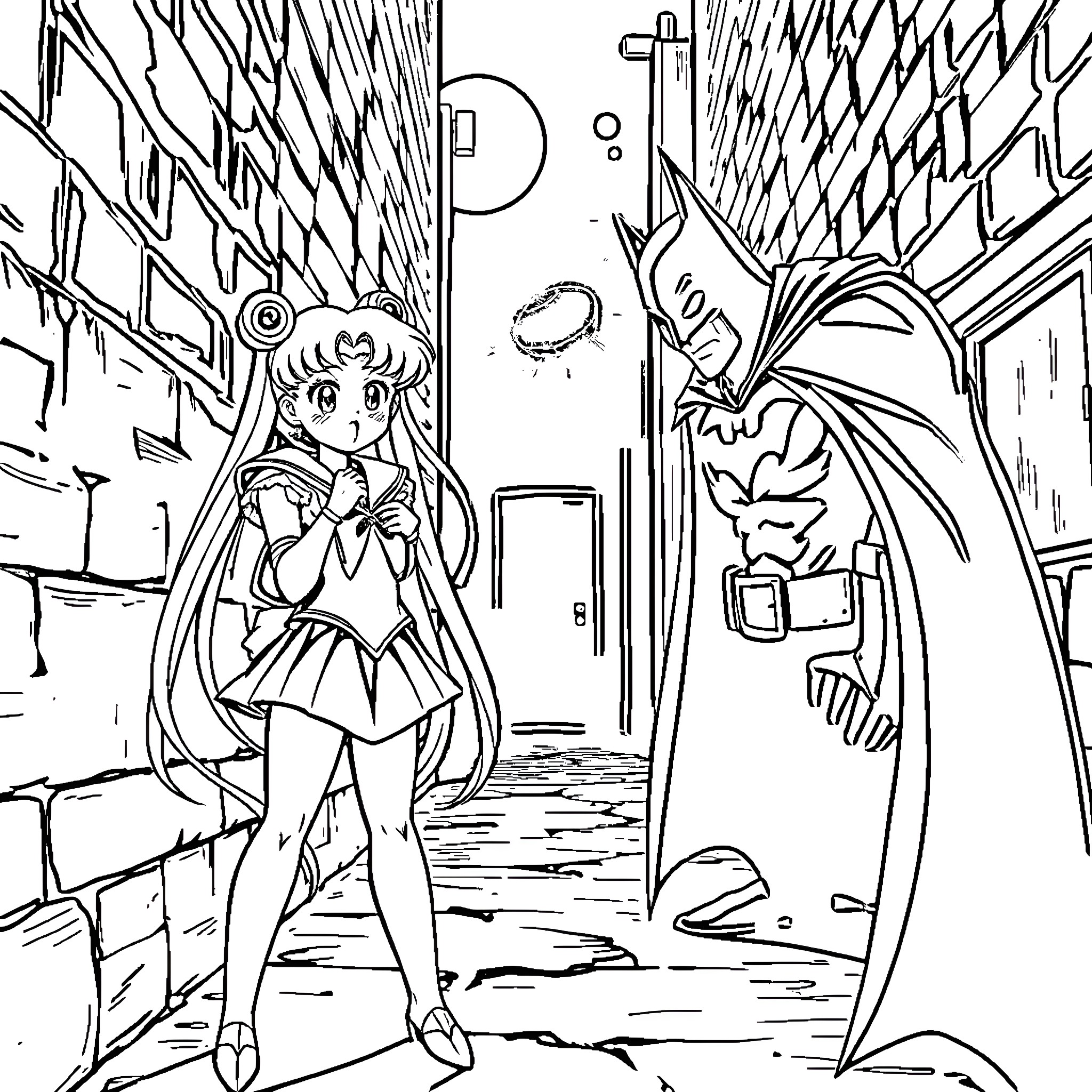 Sailor Moon Facing a Mysterious Adversary in the City Coloring Page (free black-and-white line drawing printable PDF for all, from beginners to advanced learners, including children, teens, adults, and seniors)