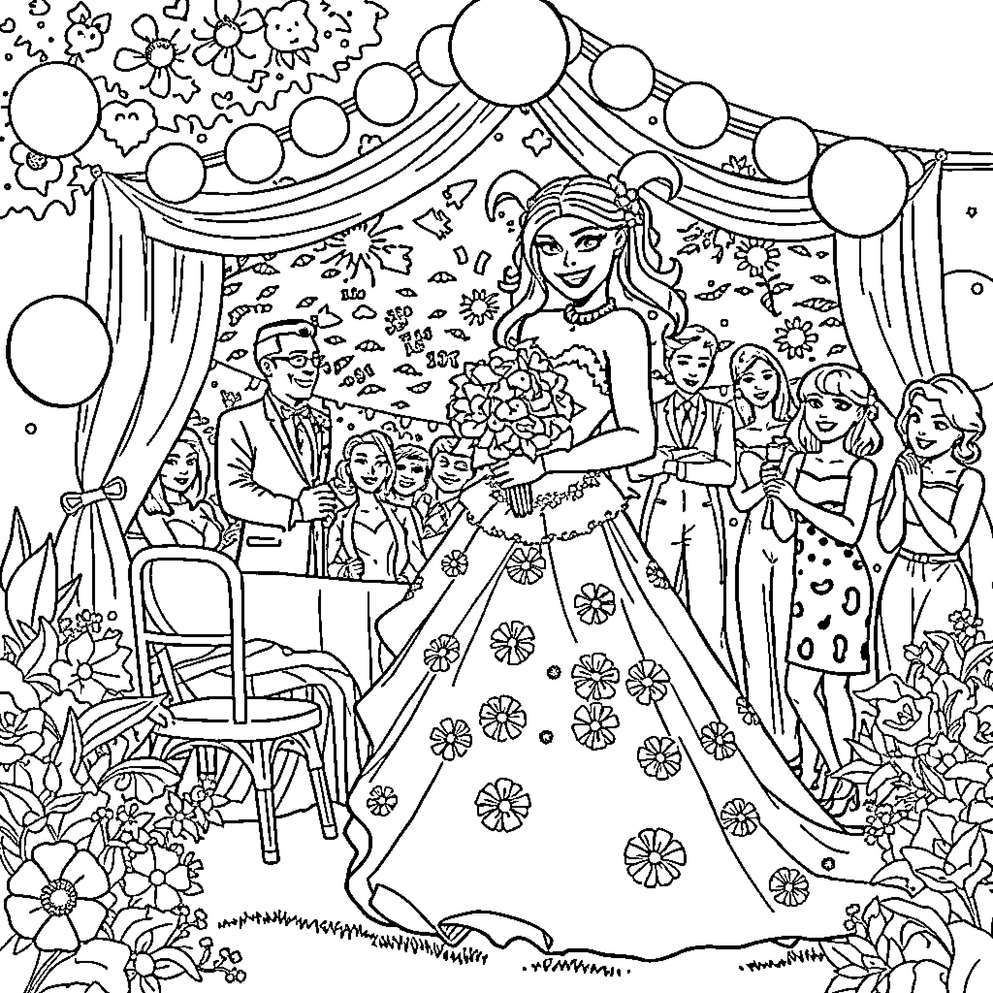 Harley Quinn's Magical Celebration Coloring Page (free black-and-white line drawing printable PDF for all, from beginners to advanced learners, including children, teens, adults, and seniors)