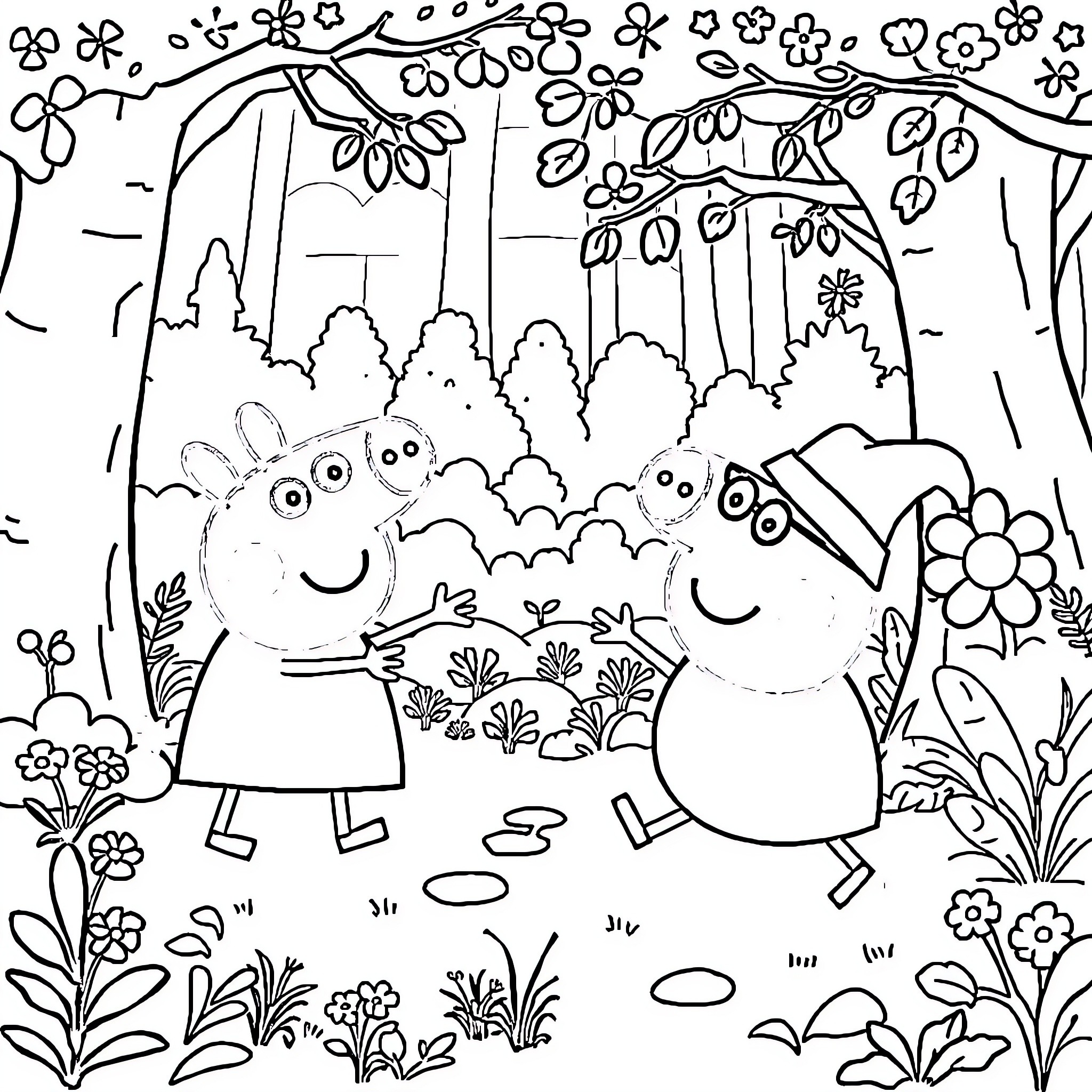 Peppa Pig and friends explore the enchanted forest Coloring Page (free black-and-white line drawing printable PDF for all, from beginners to advanced learners, including children, teens, adults, and seniors)