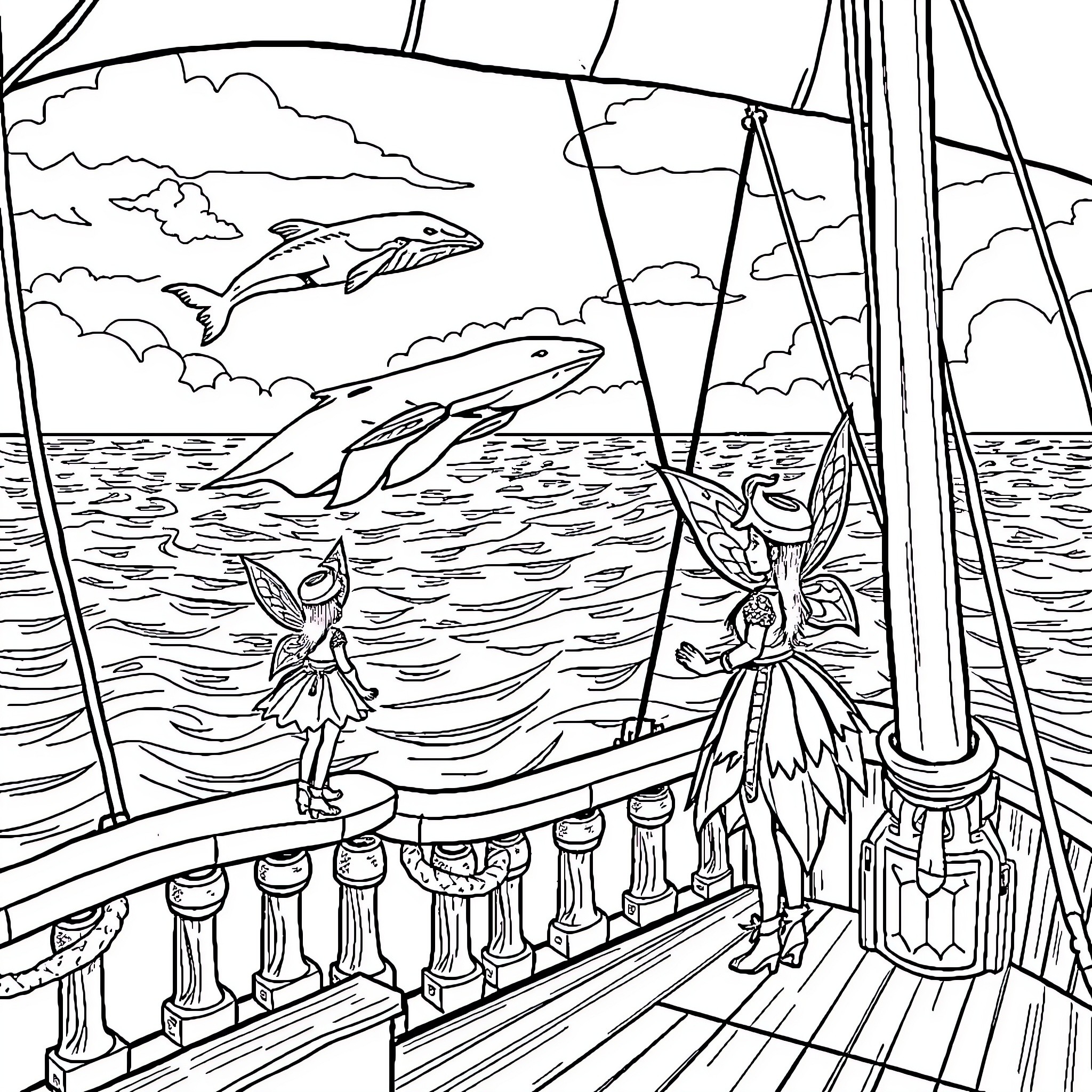 Fairy creatures sailing on a magical ship Coloring Page (free black-and-white line drawing printable PDF for all, from beginners to advanced learners, including children, teens, adults, and seniors)