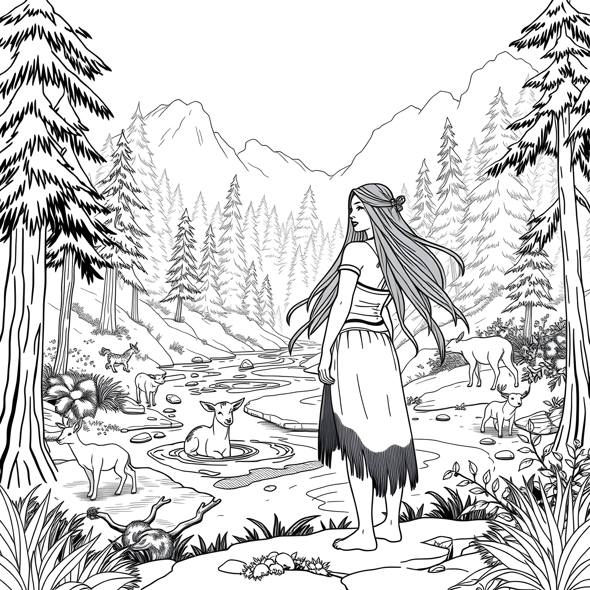 Pocahontas in a serene forest landscape Coloring Page (free black-and-white line drawing printable PDF for all, from beginners to advanced learners, including children, teens, adults, and seniors)
