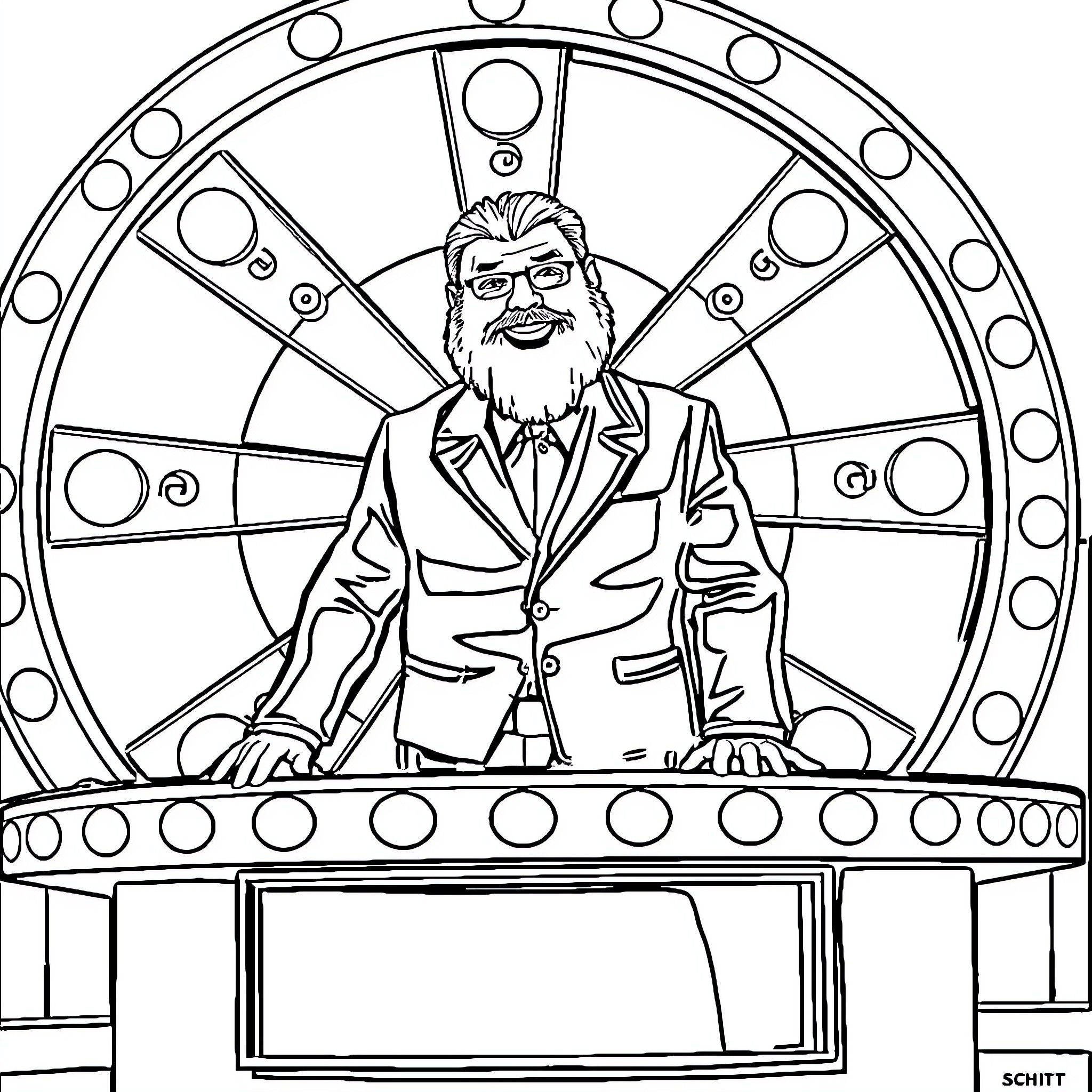 Gerry Scotti at his television studio Coloring Page (free black-and-white line drawing printable PDF for all, from beginners to advanced learners, including children, teens, adults, and seniors)