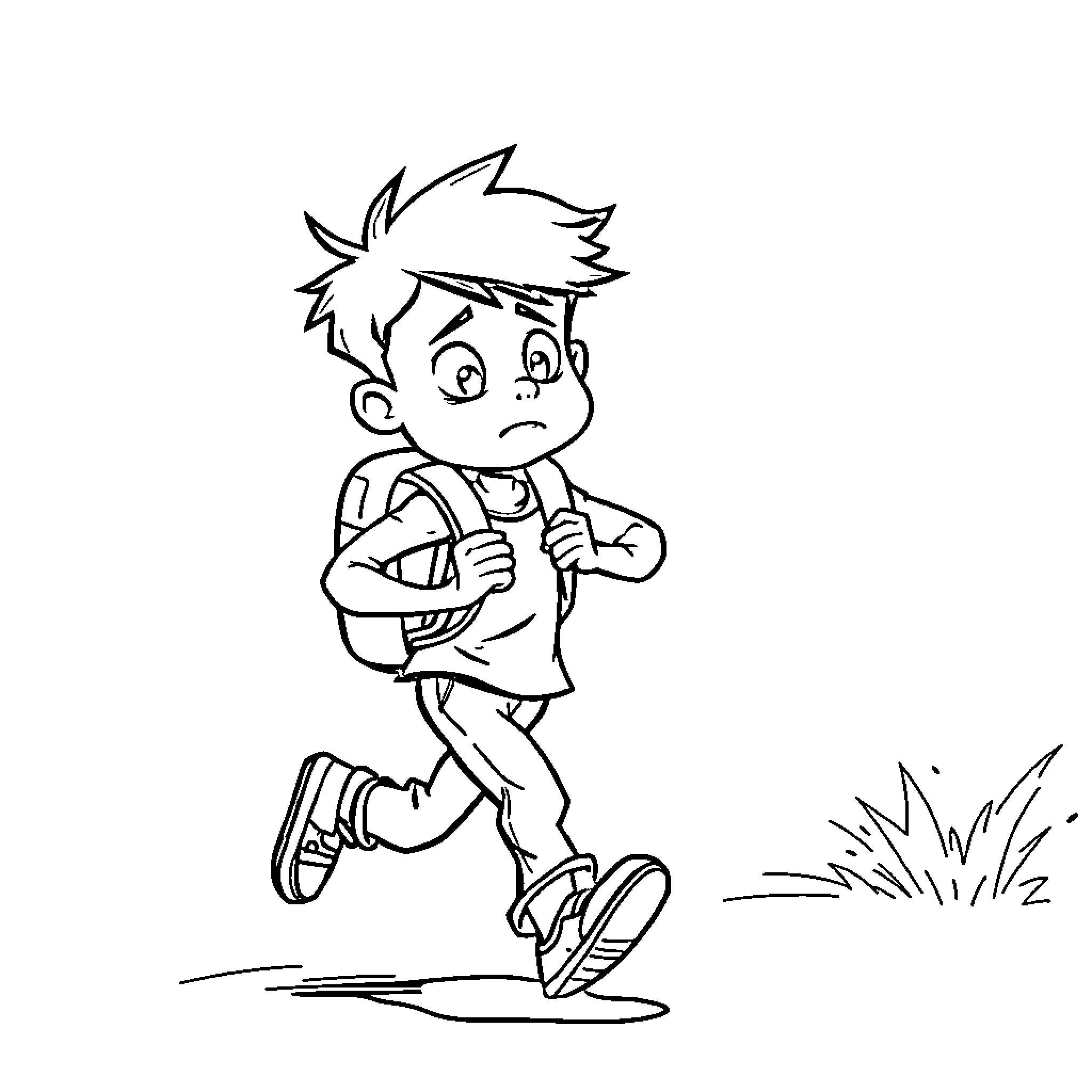 Boy running happily with backpack Coloring Page (free black-and-white line drawing printable PDF for all, from beginners to advanced learners, including children, teens, adults, and seniors)
