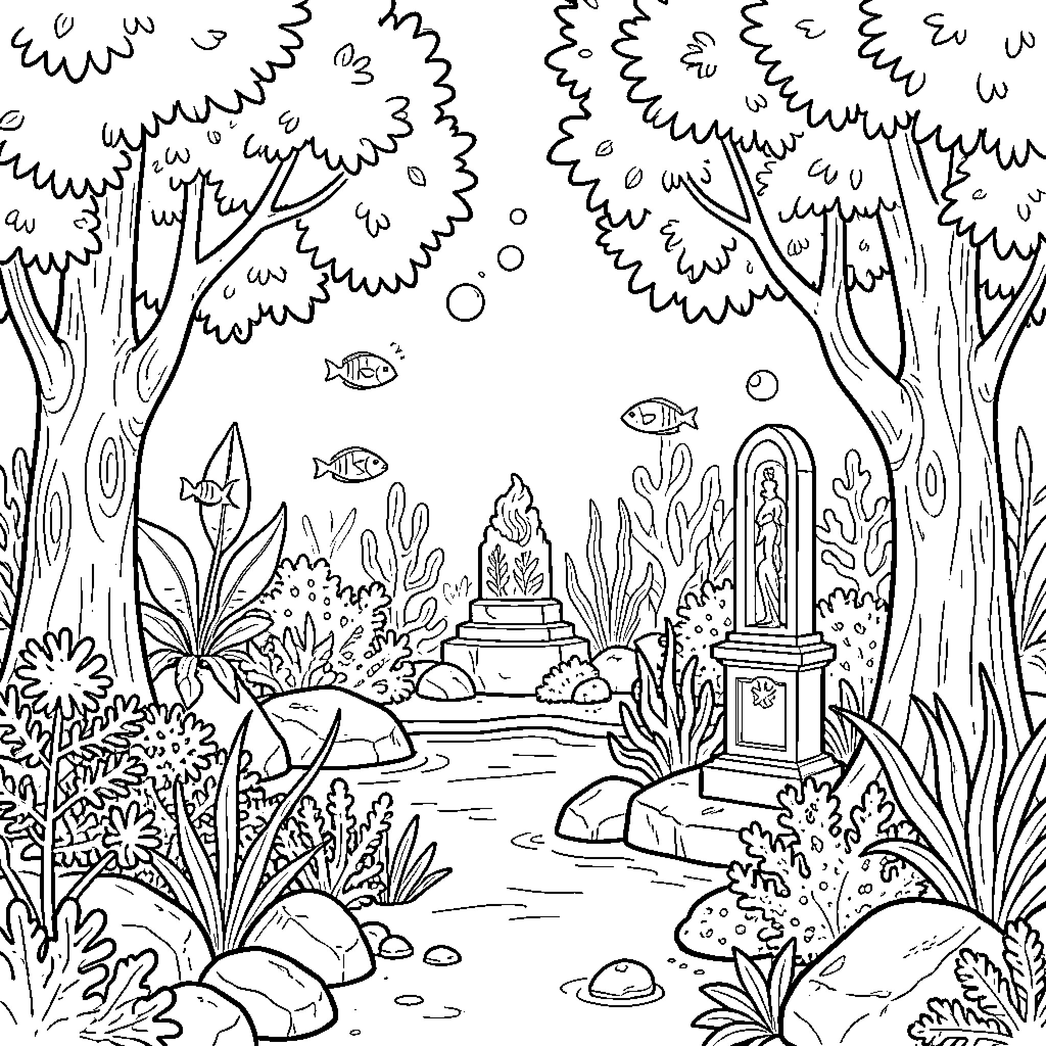 Aquarium scene with fish swimming near a garden fountain Coloring Page (free black-and-white line drawing printable PDF for all, from beginners to advanced learners, including children, teens, adults, and seniors)