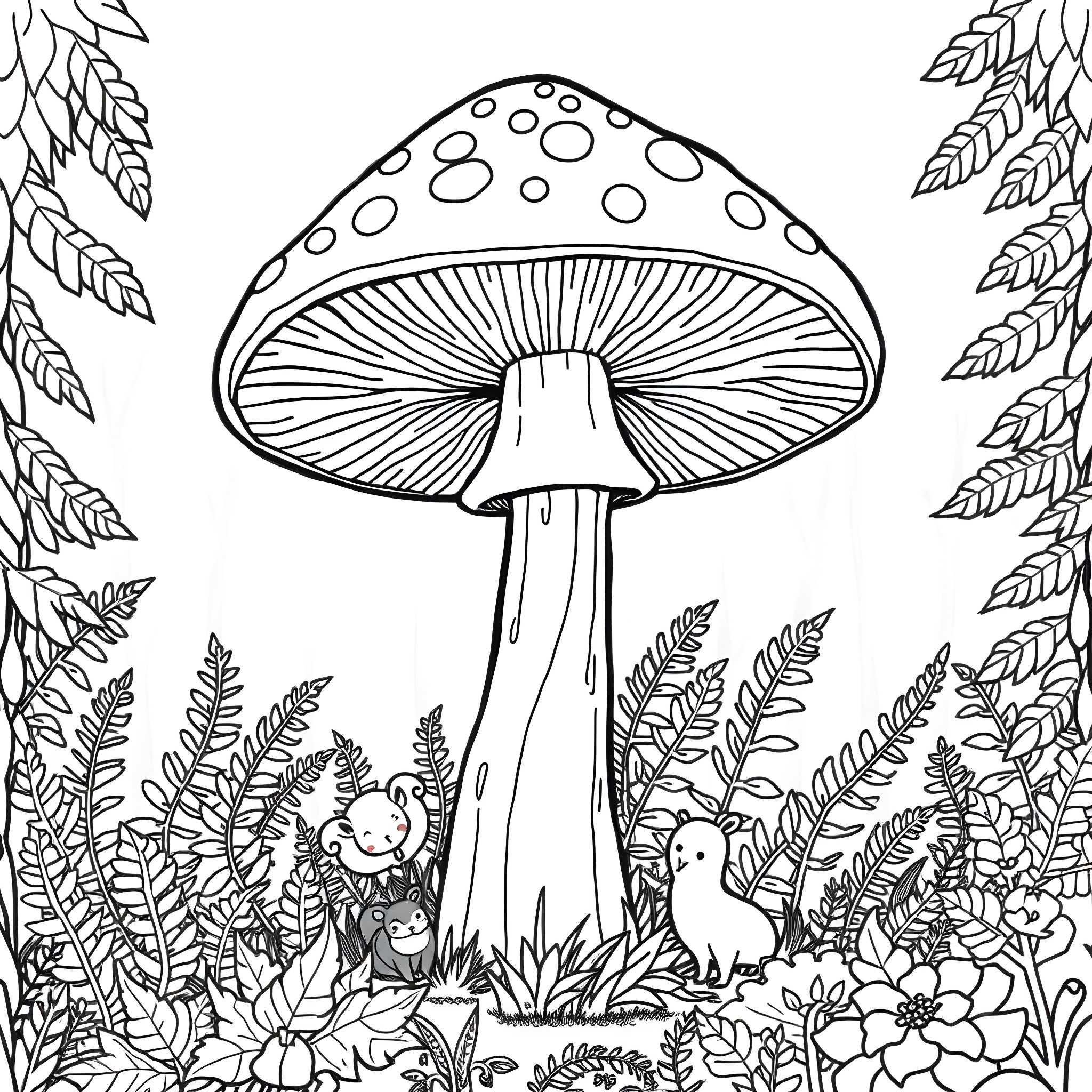 Mushroom and woodland creatures in a magical forest Coloring Page (free black-and-white line drawing printable PDF for all, from beginners to advanced learners, including children, teens, adults, and seniors)