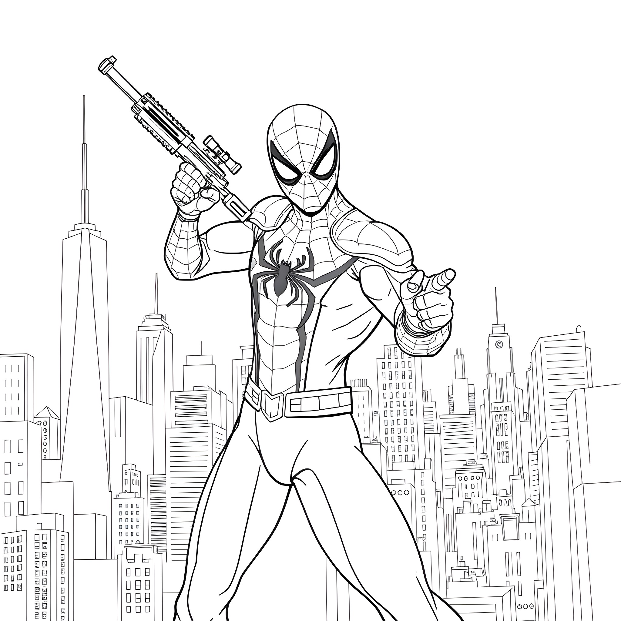 Spiderman swinging into action in the city Coloring Page (free black-and-white line drawing printable PDF for all, from beginners to advanced learners, including children, teens, adults, and seniors)