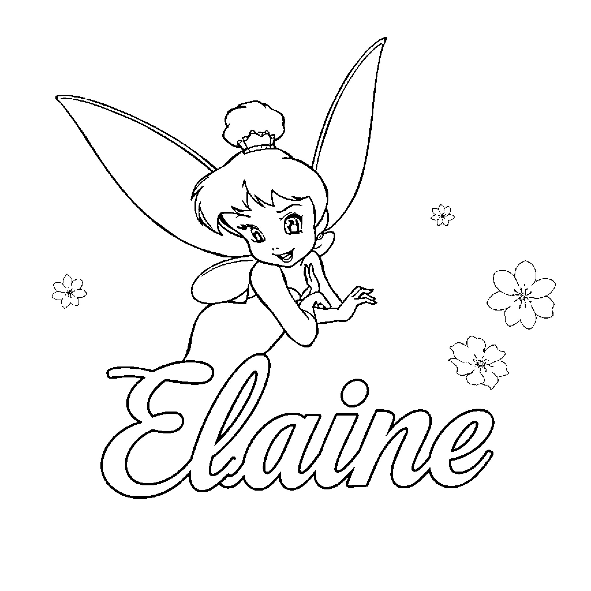 Tinkerbell flying amidst flowers Coloring Page (free black-and-white line drawing printable PDF for all, from beginners to advanced learners, including children, teens, adults, and seniors)