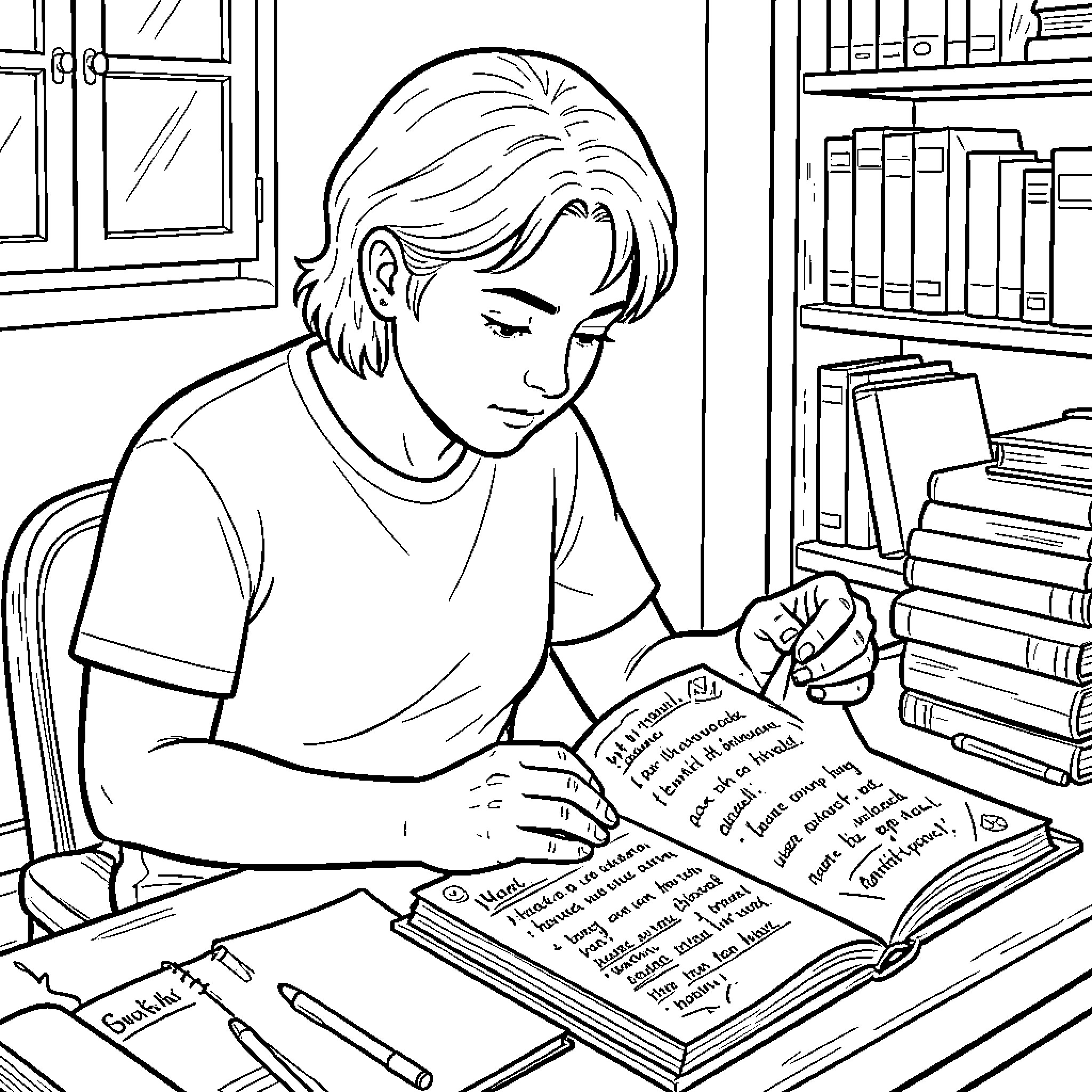 Journal of a Studious Student in the Library Coloring Page (free black-and-white line drawing printable PDF for all, from beginners to advanced learners, including children, teens, adults, and seniors)