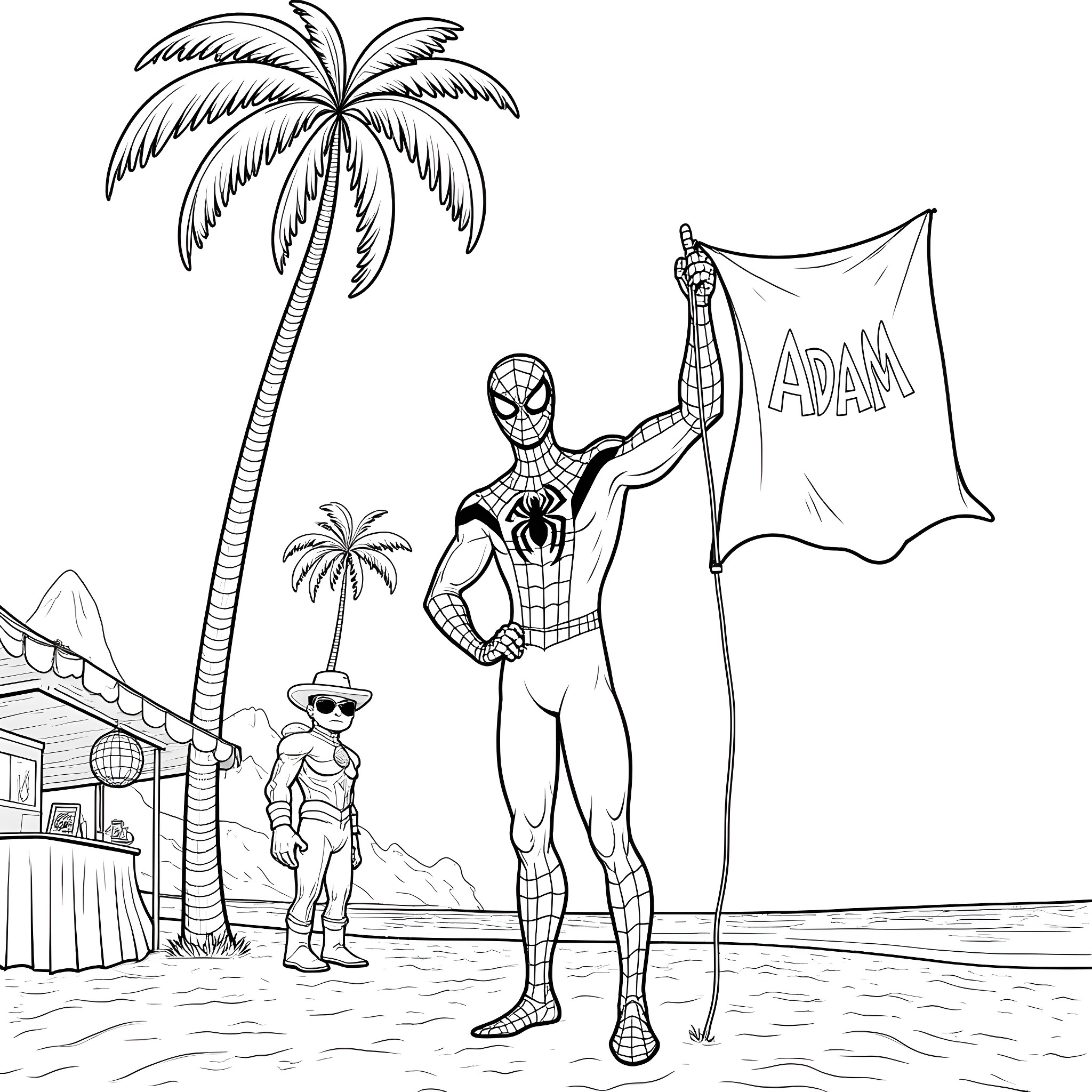 Spiderman poses with a flag on a tropical beach Coloring Page (free black-and-white line drawing printable PDF for all, from beginners to advanced learners, including children, teens, adults, and seniors)