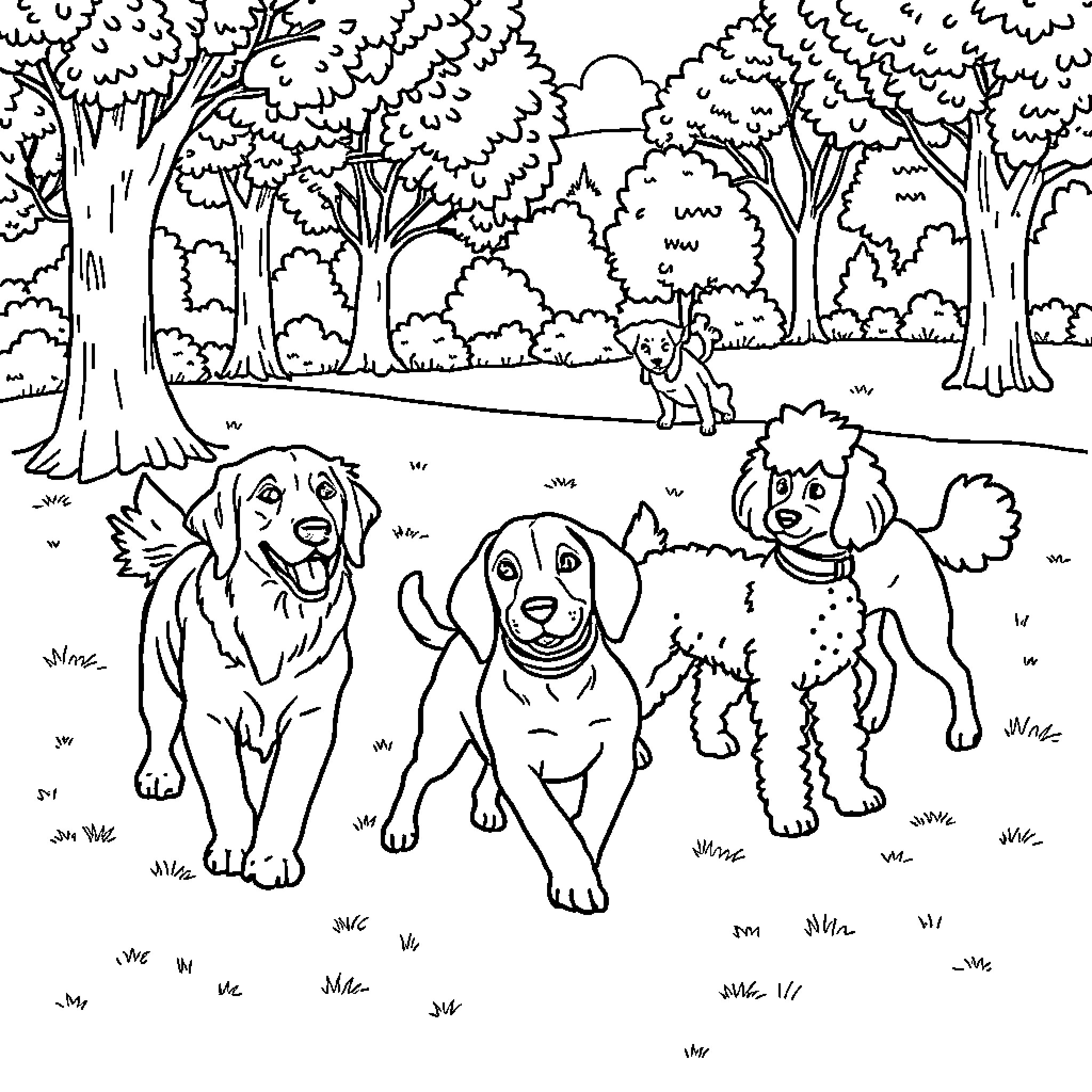 Dog Family Enjoying Outdoor Adventure Coloring Page (free black-and-white line drawing printable PDF for all, from beginners to advanced learners, including children, teens, adults, and seniors)
