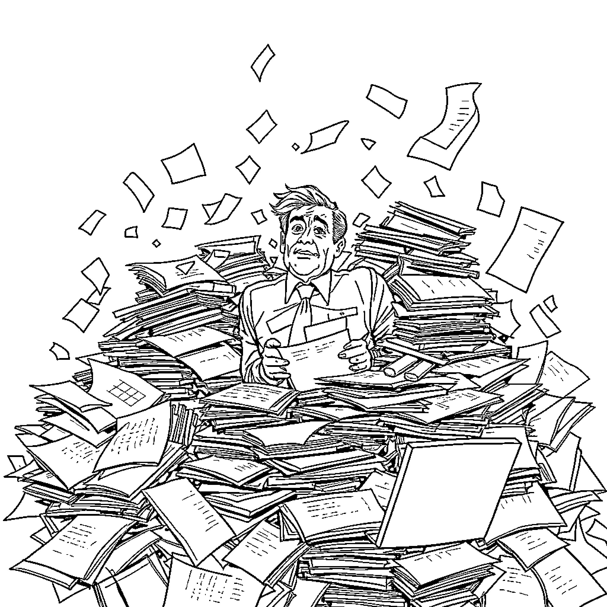 Man overwhelmed by paperwork in messy office Coloring Page (free black-and-white line drawing printable PDF for all, from beginners to advanced learners, including children, teens, adults, and seniors)