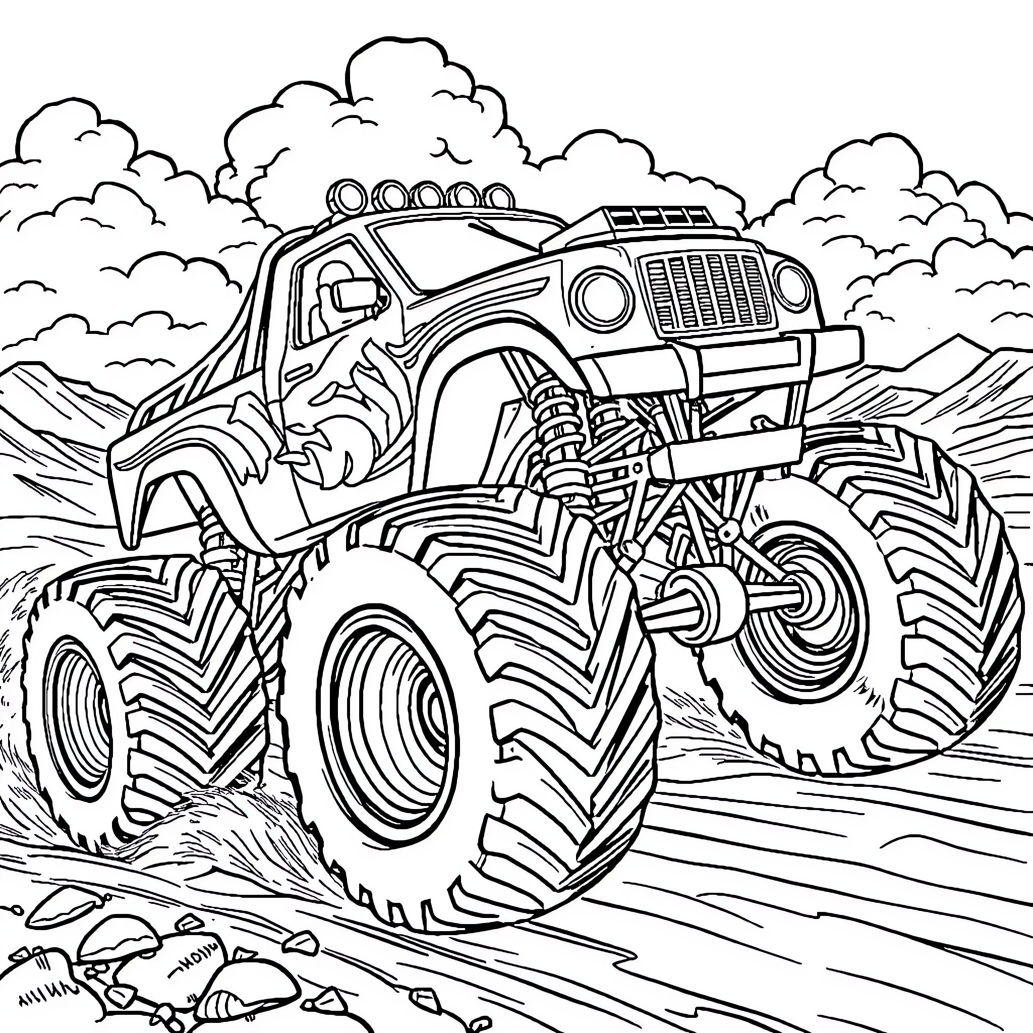 Monster Truck Traversing Rugged Terrain Coloring Page (free black-and-white line drawing printable PDF for all, from beginners to advanced learners, including children, teens, adults, and seniors)