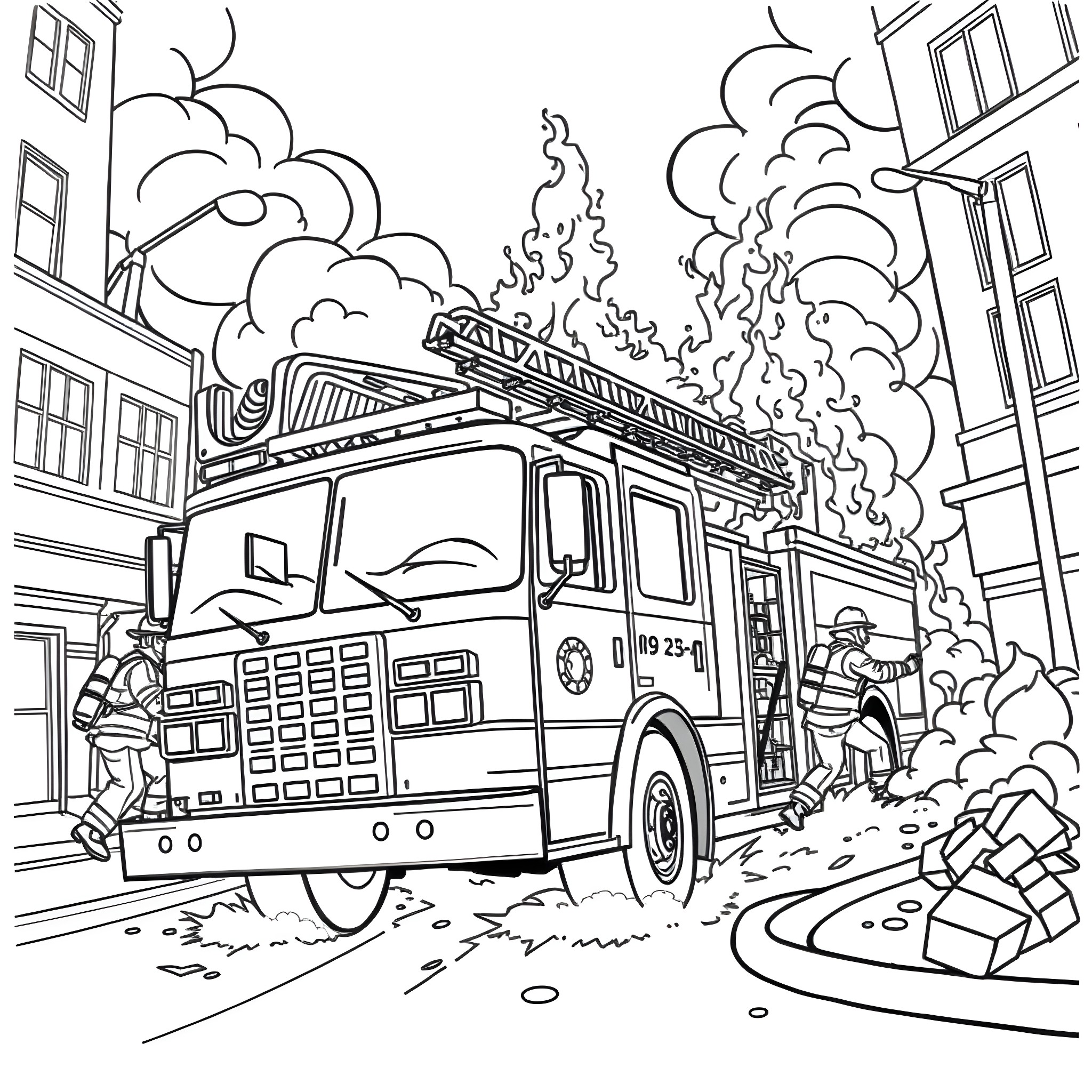 Fire Truck Rushing to Respond to an Emergency Coloring Page (free black-and-white line drawing printable PDF for all, from beginners to advanced learners, including children, teens, adults, and seniors)