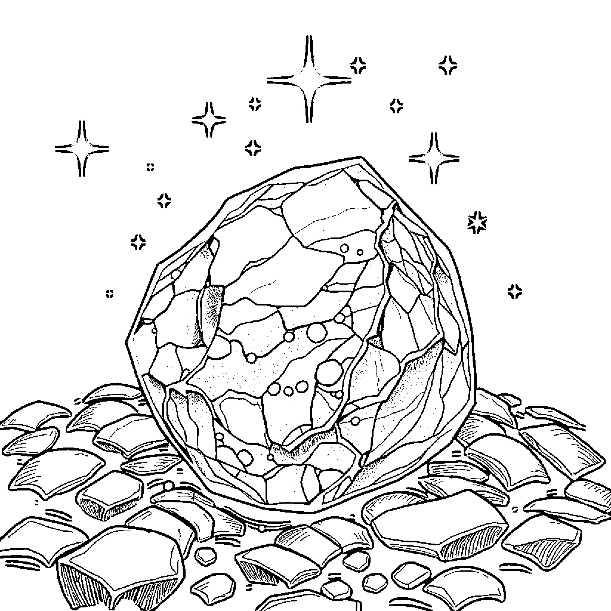 Rubinia's Mystical Crystal Cave Coloring Page (free black-and-white line drawing printable PDF for all, from beginners to advanced learners, including children, teens, adults, and seniors)