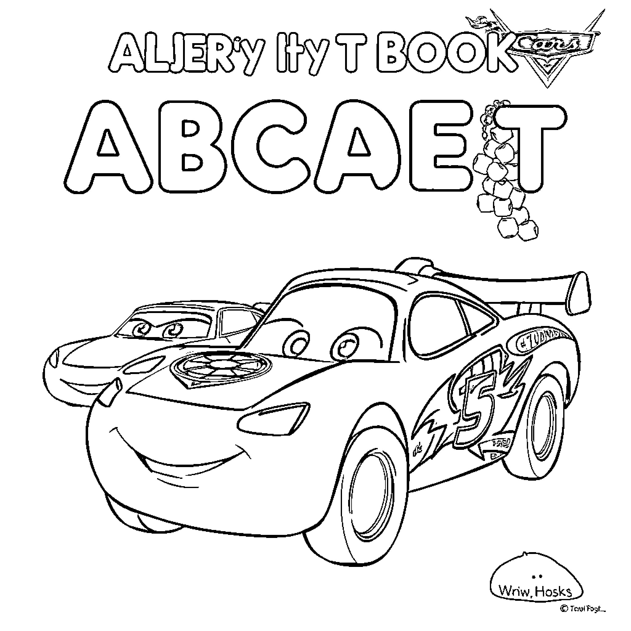 Car Alphabet Book with Animated Character Coloring Page (free black-and-white line drawing printable PDF for all, from beginners to advanced learners, including children, teens, adults, and seniors)