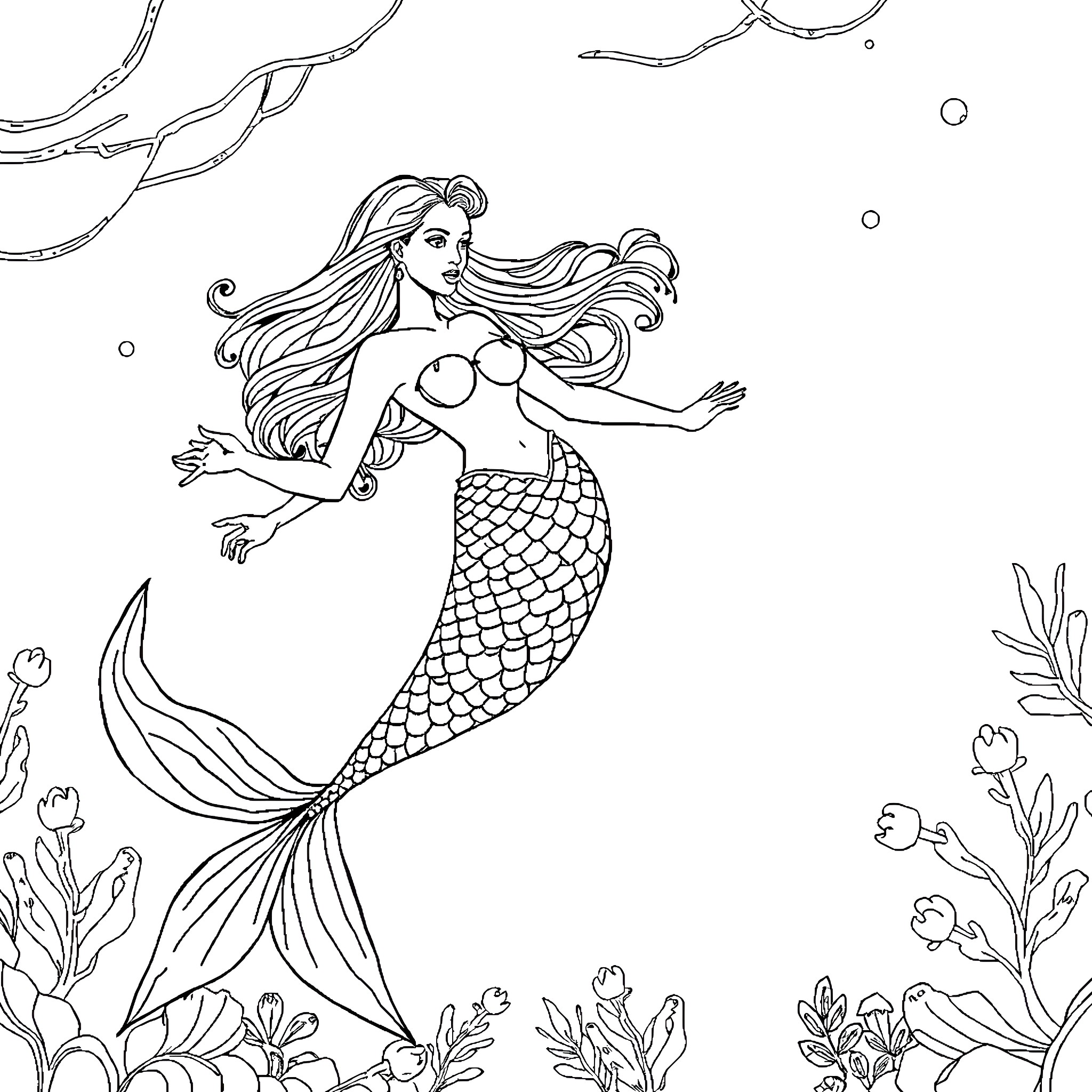 Mermaid swimming gracefully in the sea Coloring Page (free black-and-white line drawing printable PDF for all, from beginners to advanced learners, including children, teens, adults, and seniors)