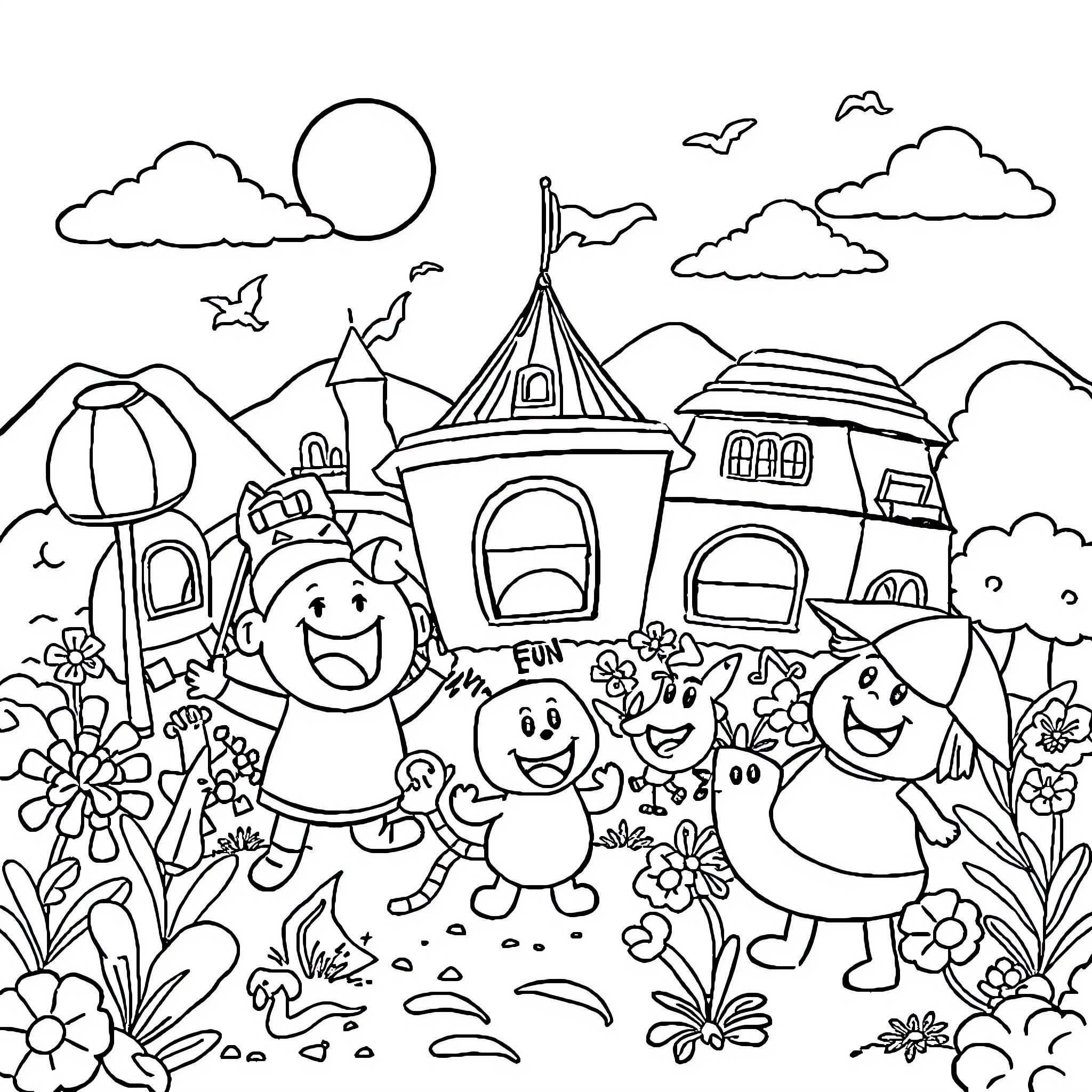 Cartoon characters playing in a whimsical landscape Coloring Page (free black-and-white line drawing printable PDF for all, from beginners to advanced learners, including children, teens, adults, and seniors)