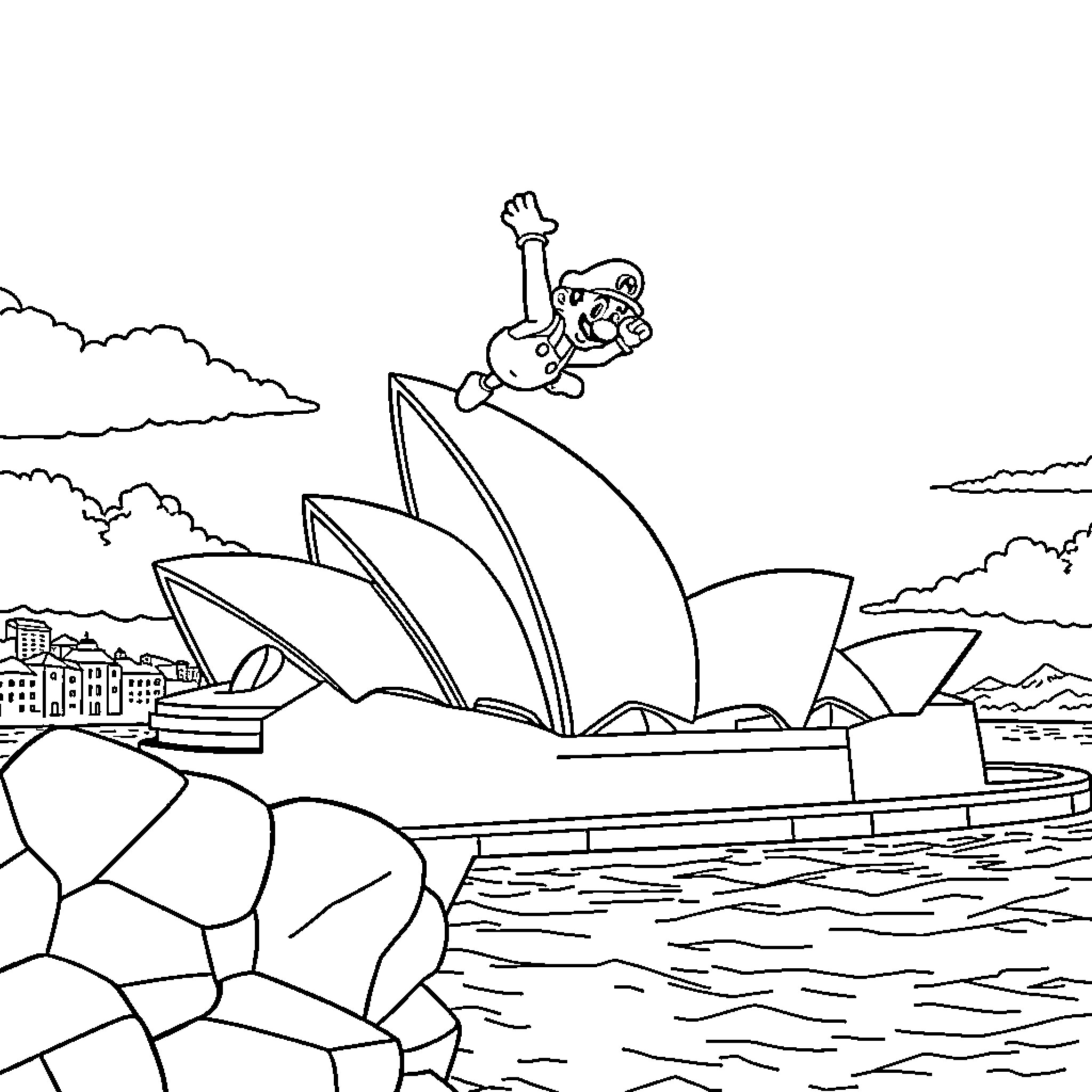 Mario jumping excitedly atop the Sydney Opera House Coloring Page (free black-and-white line drawing printable PDF for all, from beginners to advanced learners, including children, teens, adults, and seniors)