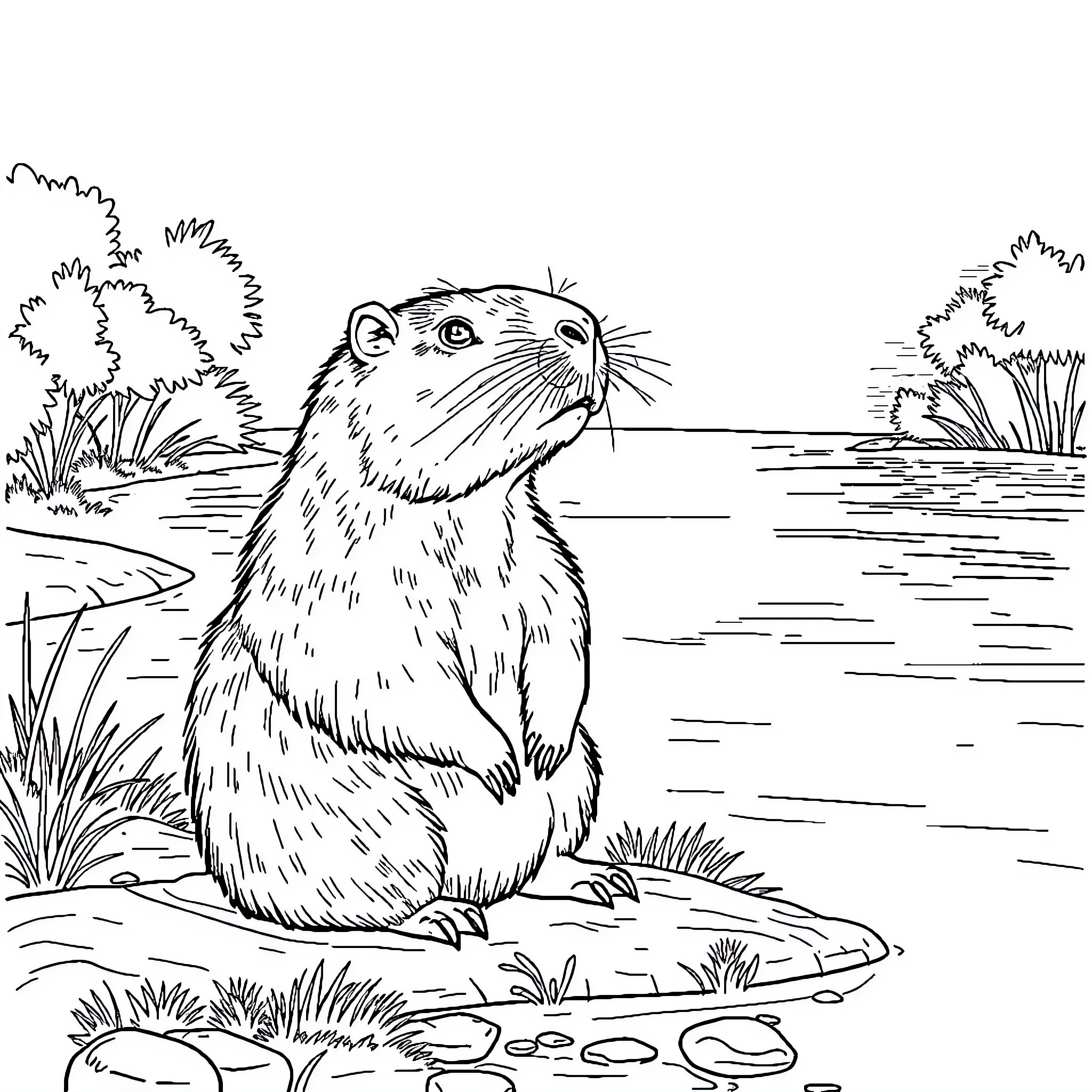 Capybara enjoying the tranquil lakeside scenery Coloring Page (free black-and-white line drawing printable PDF for all, from beginners to advanced learners, including children, teens, adults, and seniors)