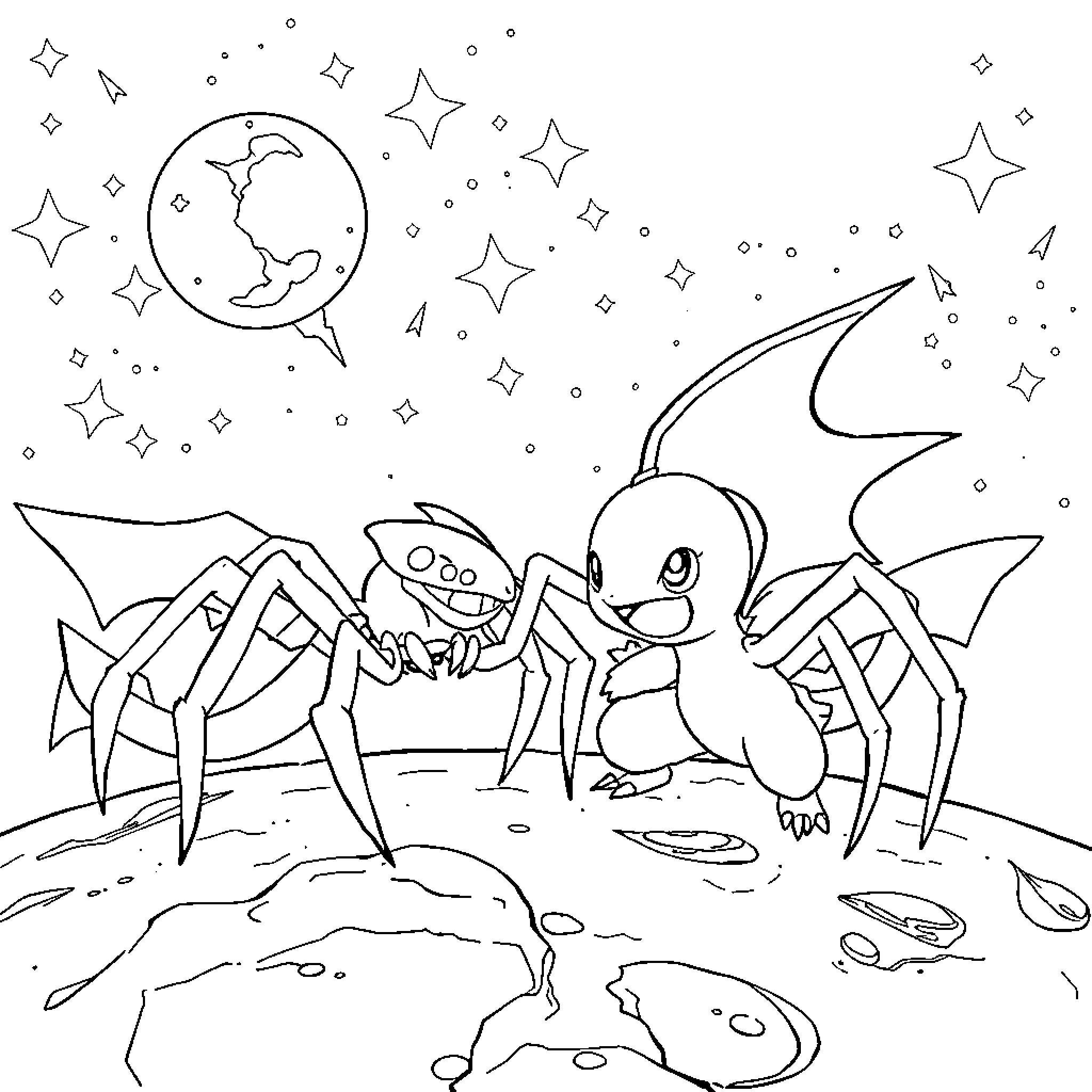 Pokémon creatures exploring the starry night landscape Coloring Page (free black-and-white line drawing printable PDF for all, from beginners to advanced learners, including children, teens, adults, and seniors)
